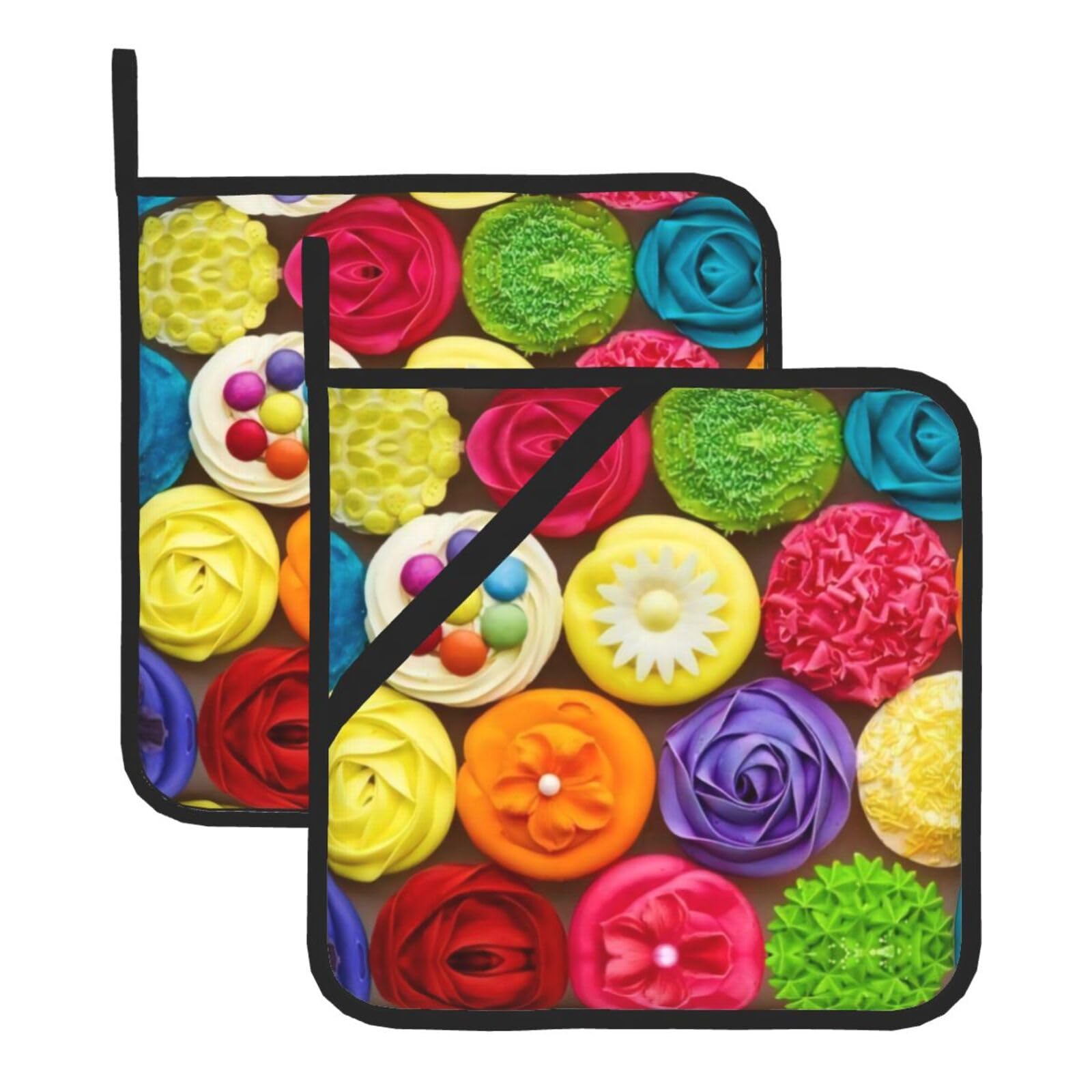 YYHWHJDE Colorful Cupcakes Rainbow Flower Cake Prints Square Hot Pads for Kitchen Counter - Waterproof Pot Holders with Hanging Loop, Durable Trivets for Microwave Oven - 2 Pack