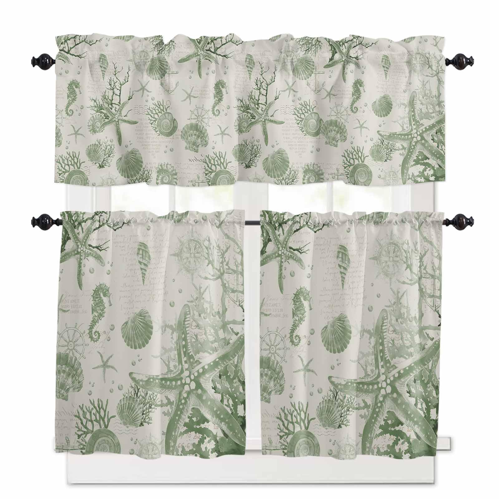 Sage Green Starfish Kitchen Curtains 36 Inch Length, 3 Piece Rod Pocket Small Half Tiers and Valance Set, Coastal Nautical Seahorse Conch Small Large Window Treatment Decor for Bedroom/Bathroom Sink