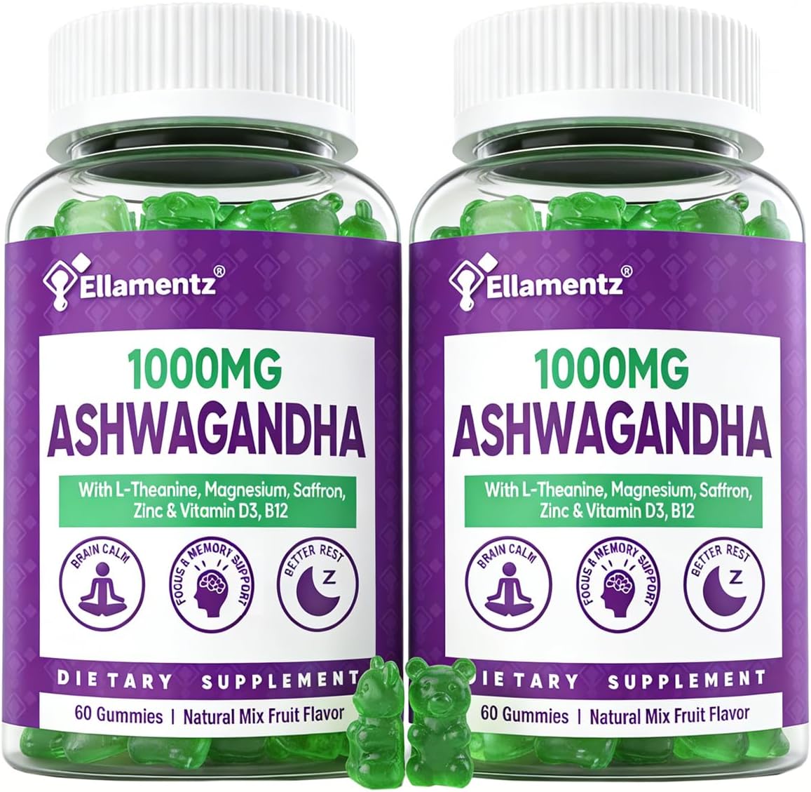 Ashwagandha Gummies 1000mg with L-Theanine & Magnesium - Natural Calm Gummies with Vitamin D3, B12 & Zinc Support Relaxation, Daily Mo♡d Balance, Night Rest, Sugar Free,120 Counts