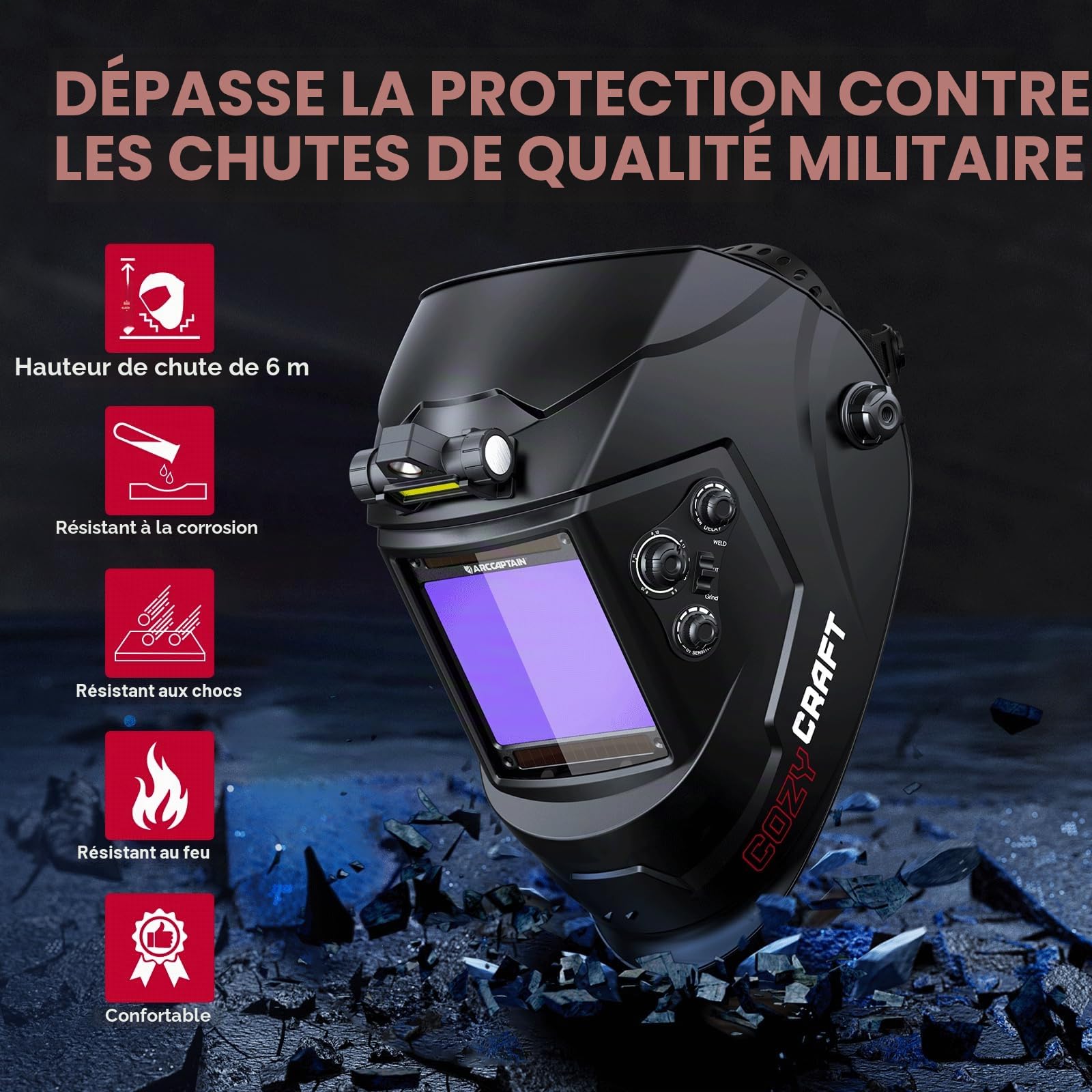ARCCAPTAIN Casque de soudeur à obscurcissement automatique de 10 x 9,3 cm, capot de soudeur à énergie solaire, casque de soudeur à clarté optique supérieure 1/1/1, 4 capteurs d'arc, large ombre 4/5-9
