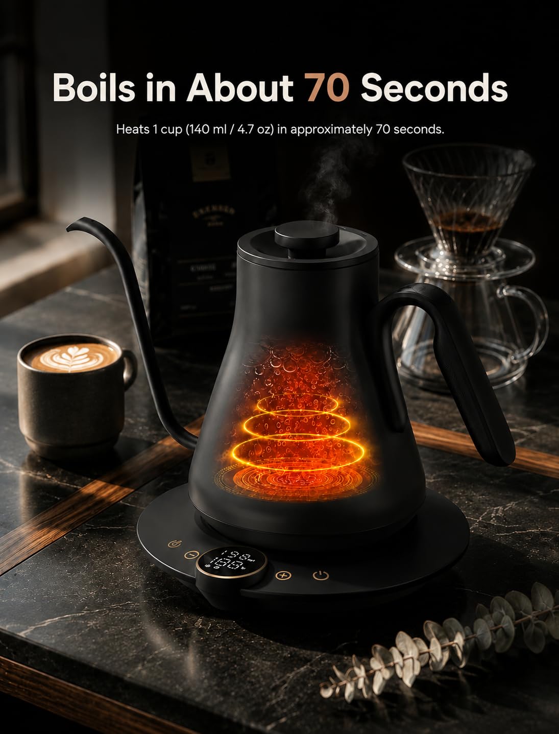 Cocinare Hervidor eléctrico de cuello de cisne, control preciso de temperatura, calentamiento rápido de 1500 W, hervidor de café y té con temporizador de preparación y mantiene el calor, acero