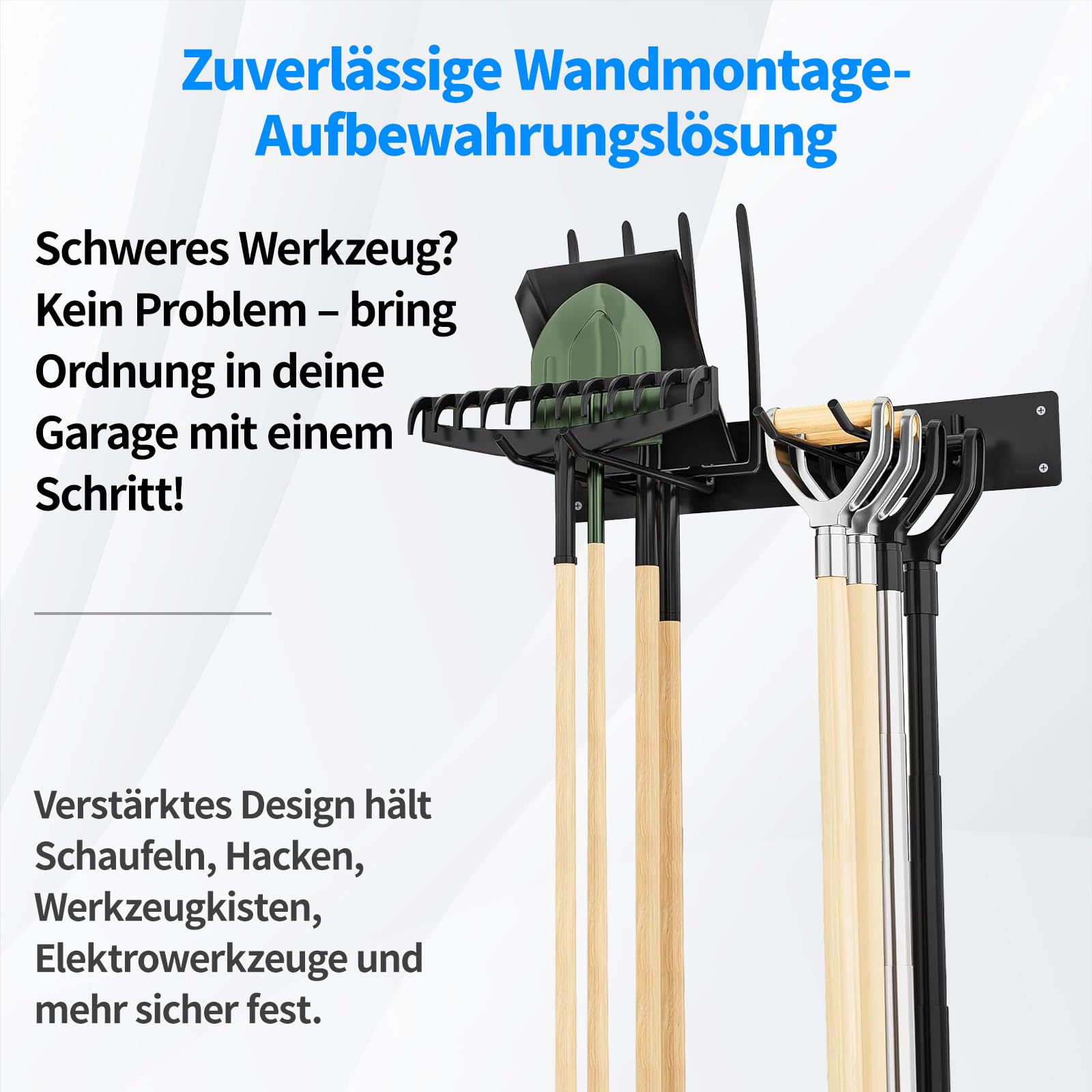 Gartengerätehalter Wandhalterung aus Metall, Werkzeughalter mit 4 Doppelhaken, stabil & belastbar, Besenhalter für Garten, Garage und Werkstatt, Schwarz