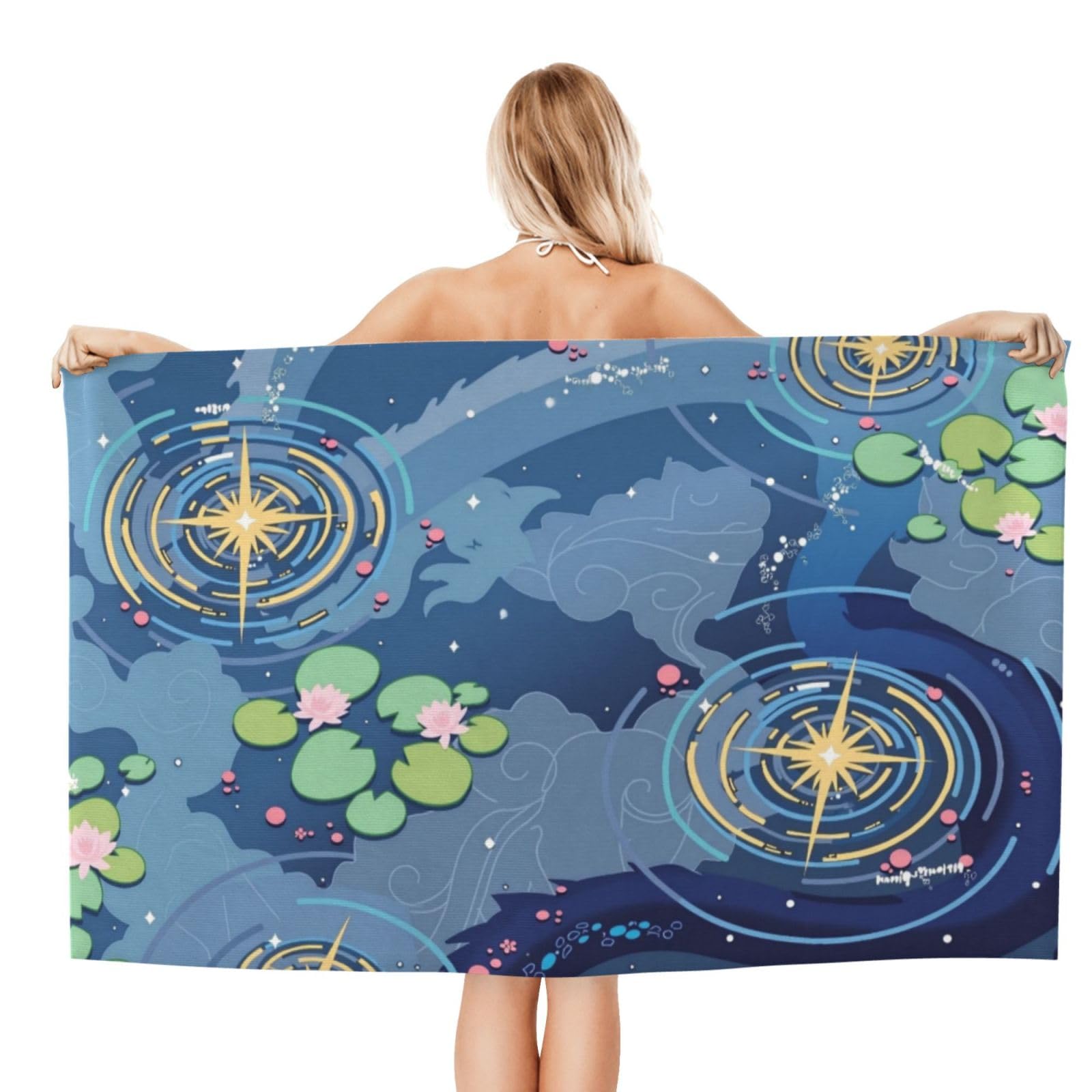 Anceky Beach Towel for Women, Lotus Pond Compass Sand-Free Microfiber Ultra Soft Lightweight Bath Towels for Outdoor Bathroom Swimming 32"X52"