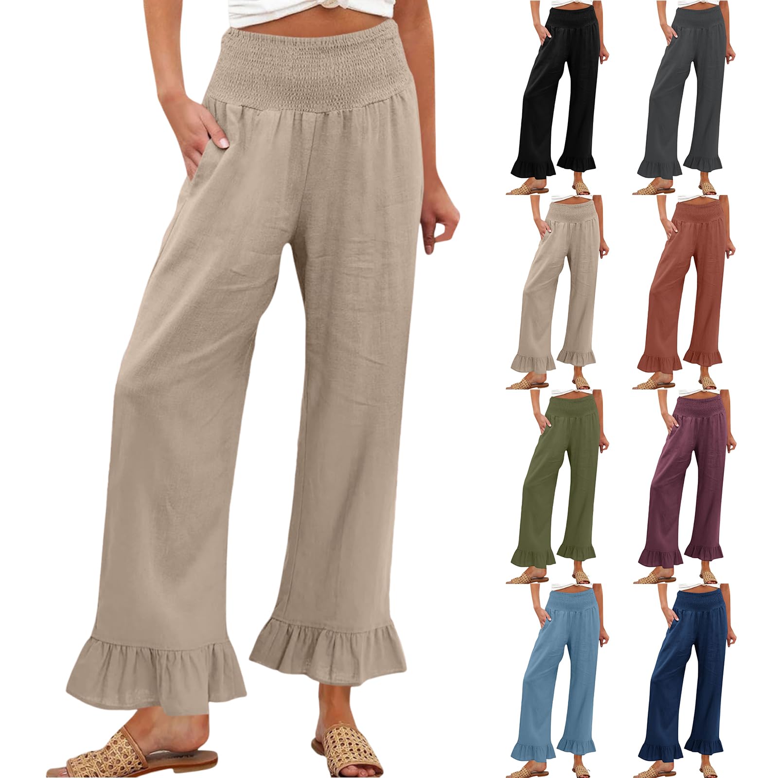 Gumipy Linen Pants Women Summer Ruffle Hem Wide Leg Pants Smocked High Waisted Cotton Linen Pant Boho Loose