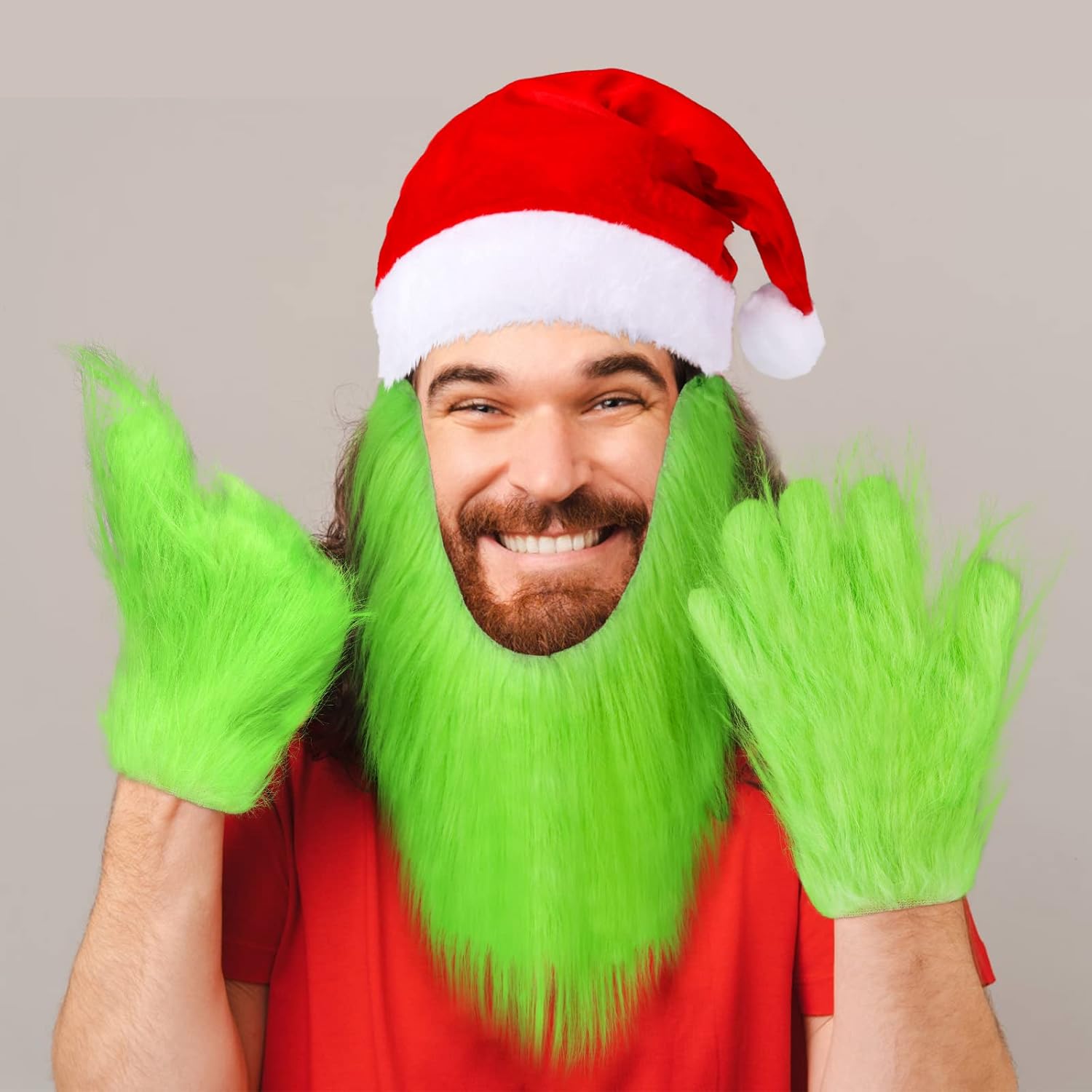 Hxezoc Green Monster Costume Accessories Christmas Plush Beard Santa Hat and Furry Gloves for Kids Adults Novelty Cosplay Costume Christmas Holiday Party Props Supplies - Image 8
