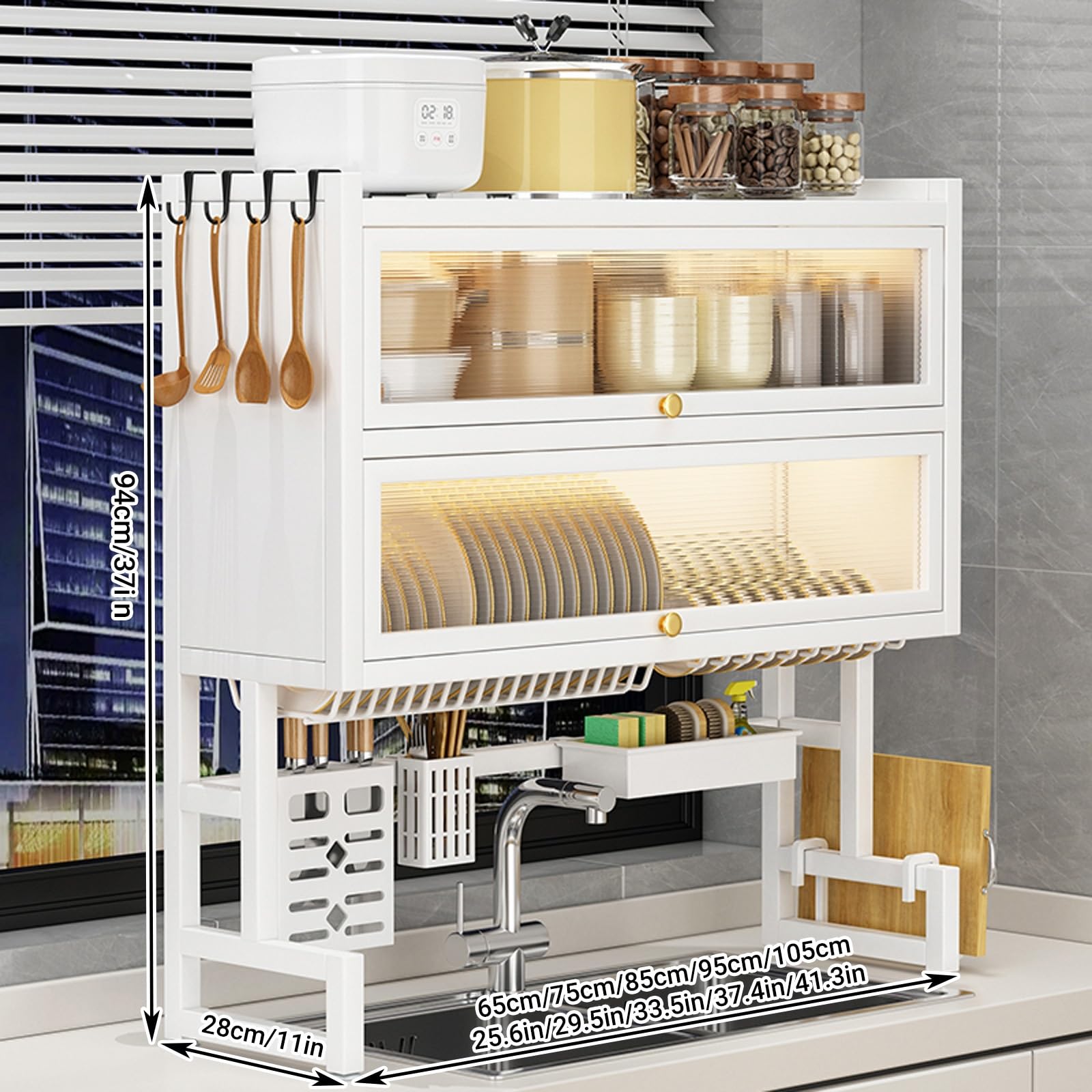 Égouttoir à Vaisselle à Poser sur l'évier, avec Porte Rabattable, Range-ustensiles de Cuisine, étagère de comptoir multifonctionnelle en métal pour Assiettes, Verres, Bols (Blanc