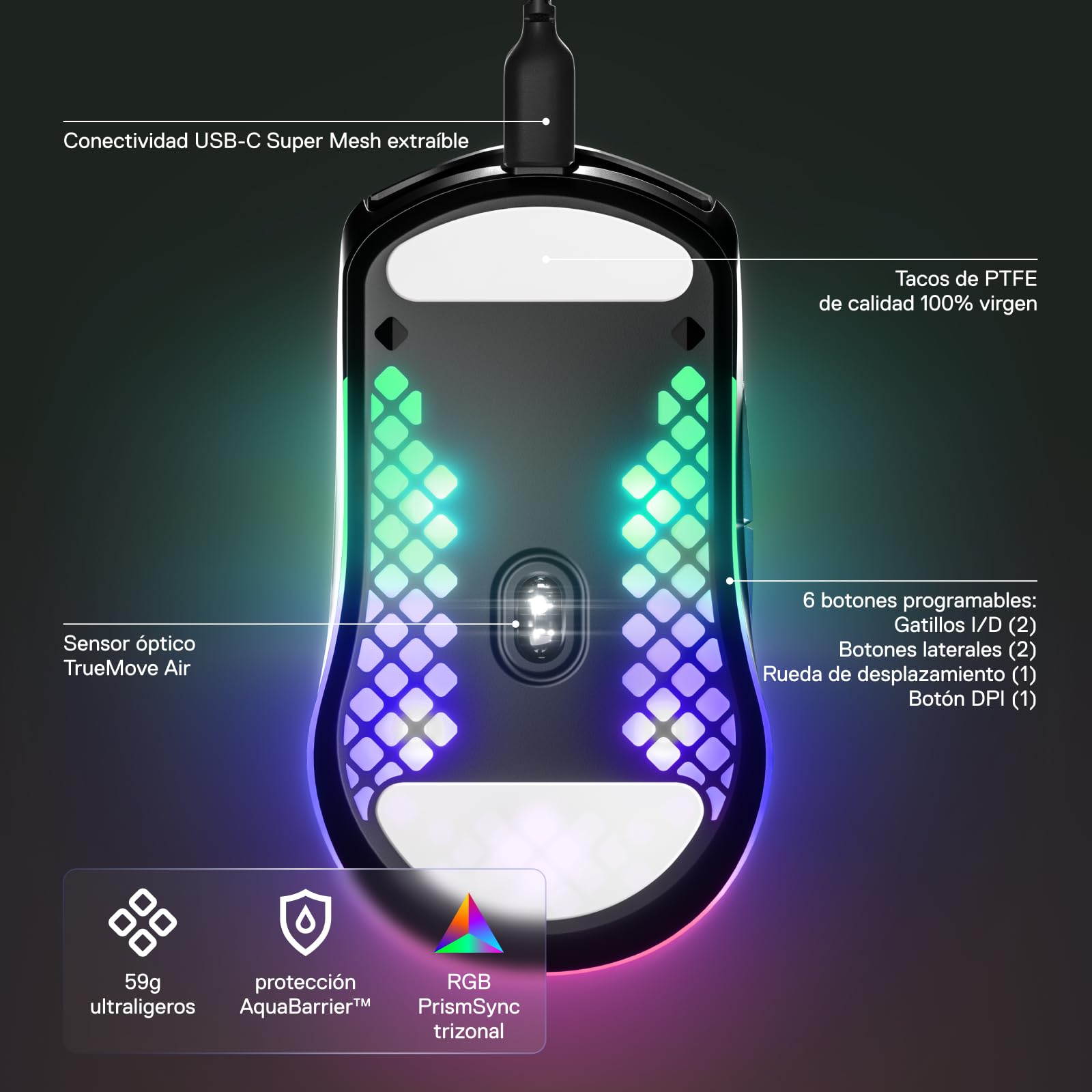 SteelSeries Aerox 3 - Holey Souris de Jeu RVB - Design Ultra léger et résistant à l'eau - Capteur Optique TrueMove Core 8500 DPI - Onyx