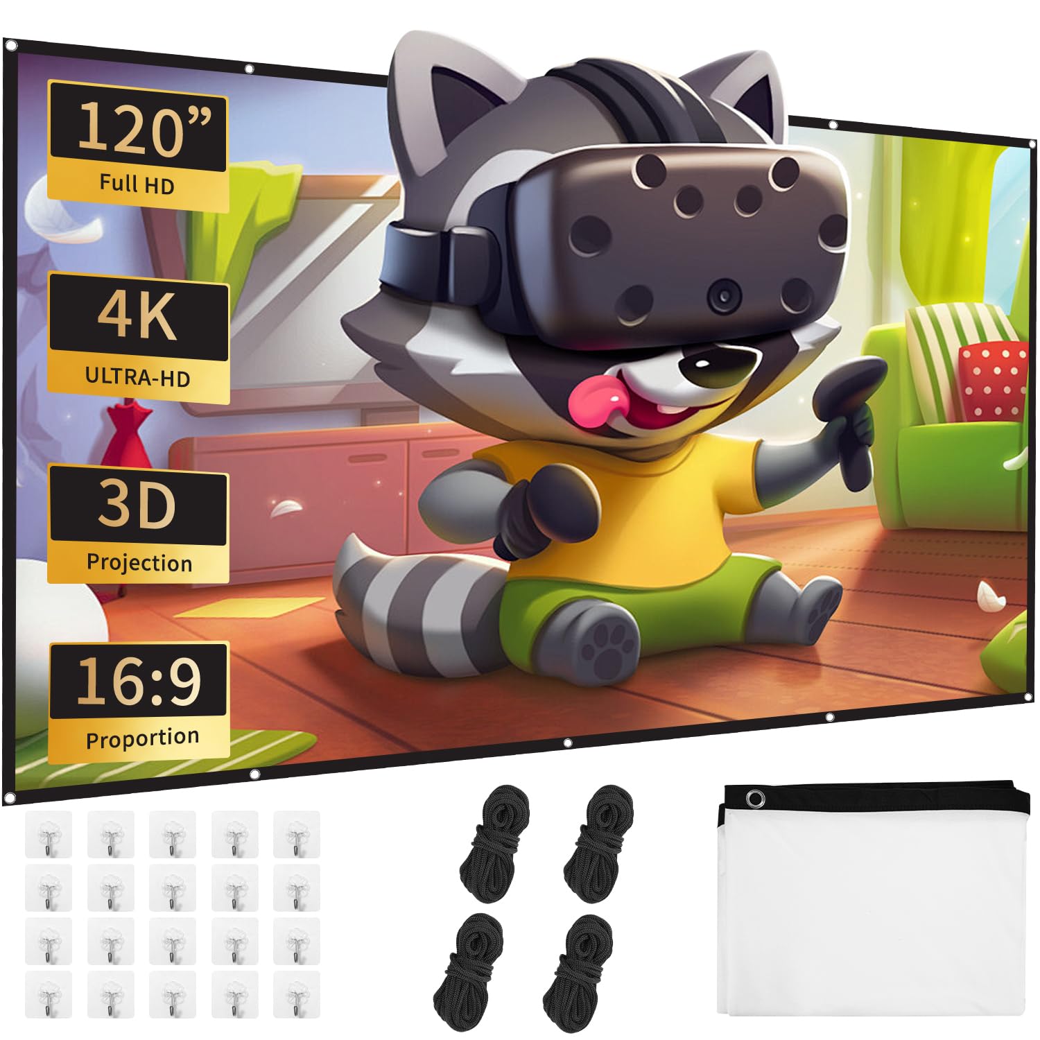 Pantalla de Proyector 120 Pulgadas, Ultra 4K 16:9 FHD, Plegable de Doble Cara, Ideal para Cine en Casa y Juegos, Adecuada para el hogar, la Oficina, la Escuela y el