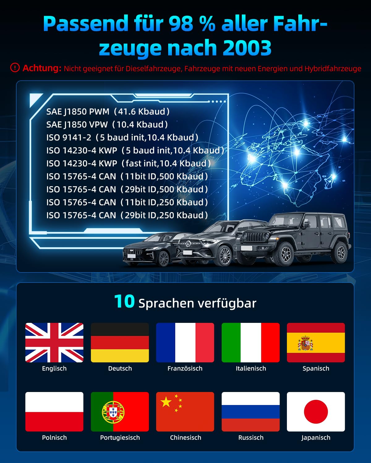 Carehabi OBD2 Diagnosegerät, Diagnosegerät Auto, Auslesegerät Auto für Alle Fahrzeuge seit 2003 & Newer (Schwarz)