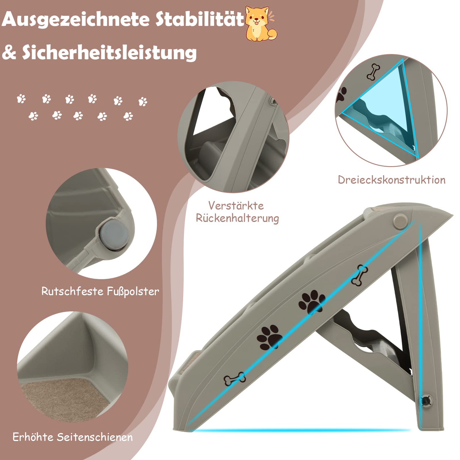 GOPLUS Escalera Plegable para Mascotas con 4 Peldaños, Escalera para Perros de Plástico, Rampa para Mascotas Portátil con Superficie Antideslizante, para Cama Sofá Coche, Carga Máxima 60KG, Gris
