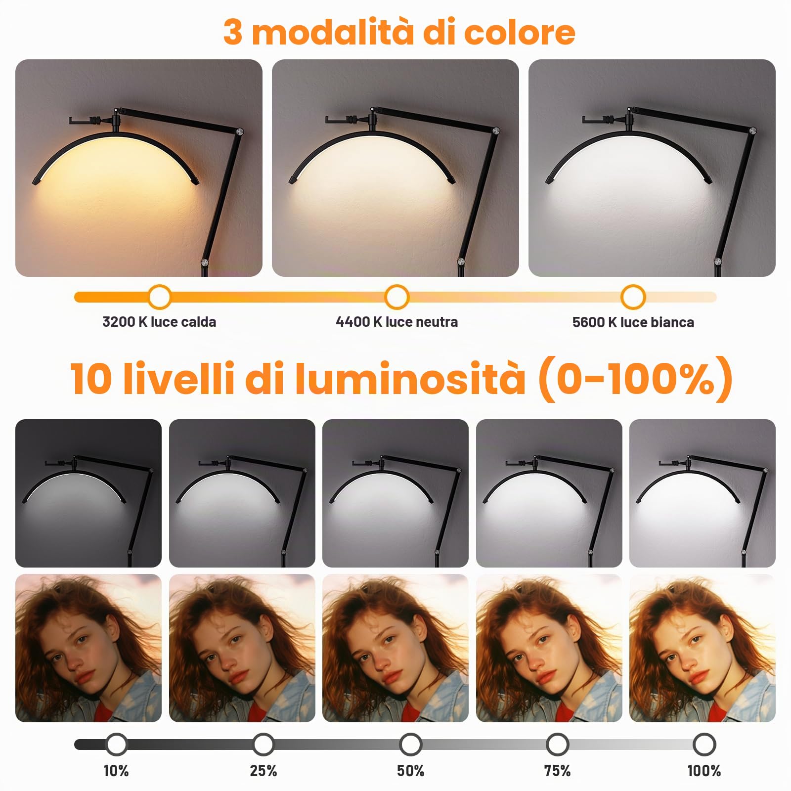 Andoer Lampada per ciglia a mezzaluna, 3200-5600 K, dimmabile, pavimento con supporto luminoso e telefonico, telecomando per trucco, estensioni ciglia, fotografia