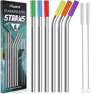 Reusable Smoothie Straws and Milkshake Straws with Silicone Tips, 9mm/0.35" Stainless Steel Wide Straws, Hiware 6 Pack 10" Metal Straws for Smoothies, Milkshakes, Jumbo Drinks with 2 Cleaning Brushes