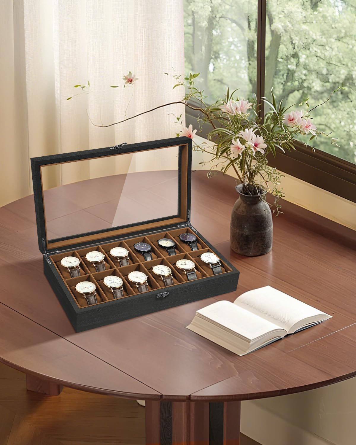 Uten Caja de Relojes con 12 Compartimentos, Caja para Reloje Madera, Tapa de Vidrio y Almohada Algodón Seda, Forro Marrón, para Exhibición y Almacenamiento de Relojes Joyería, Regalo Ideal