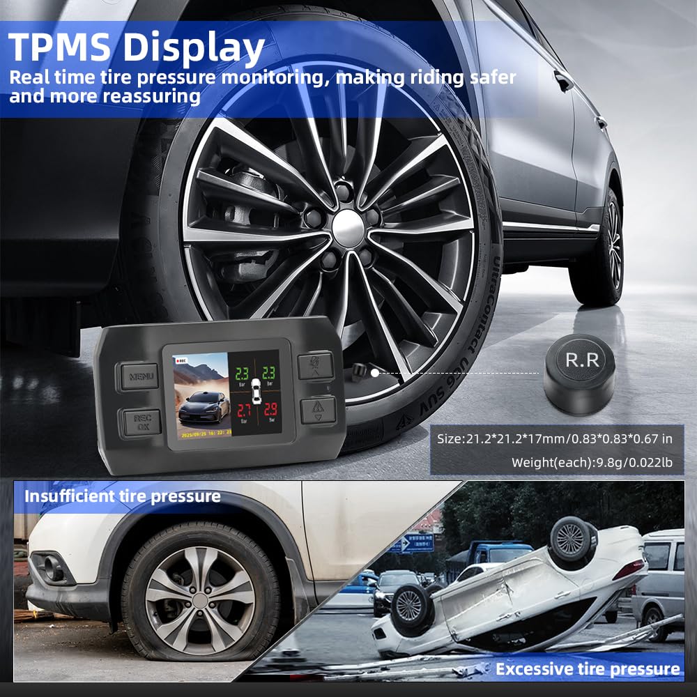 VSYSTO 2K Cámara de salpicadero para Coche con 4 sensores de presión de neumáticos, WiFi Mini cámara de salpicadero para Coches con Pantalla de 1,5 Pulgadas, Sensor G, grabación en Bucle (M1C)