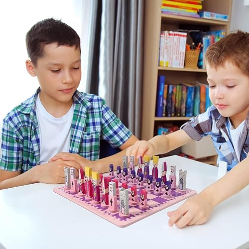 Miniatura 8 de TOYANDONA Juego de ajedrez de madera, juego de ajedrez de viaje de dibujos animados de 11.8 pulgadas, juego de mesa de ajedrez rosa con bonitas