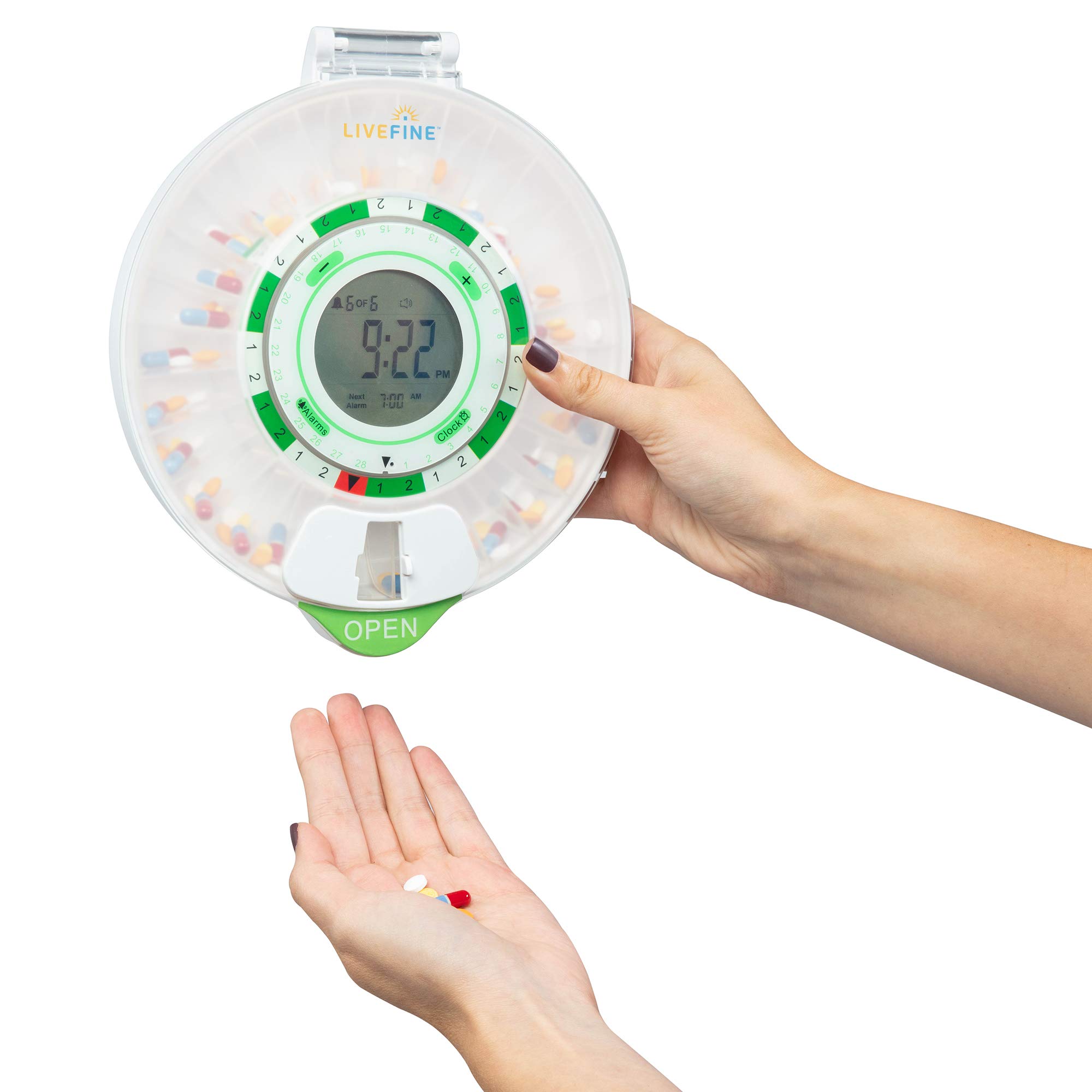 LiveFine - Dispensador automático de píldoras para 28 días con pantalla LCD actualizada, cerradura de llave, sonido y luz para recetas, medicamentos, vitaminas, suplementos y más