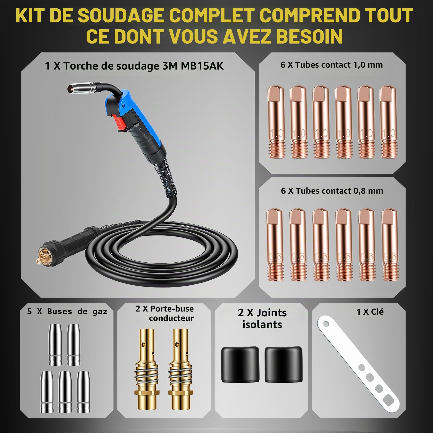 Kit de Torche à Souder MIG/MAG MB15AK 3M avec 22 Pièces accessoires de soudage, Connexions en Cuivre Pur et Poignée Ergonomique, pour le Soudage au CO² en Atelier et Industrie