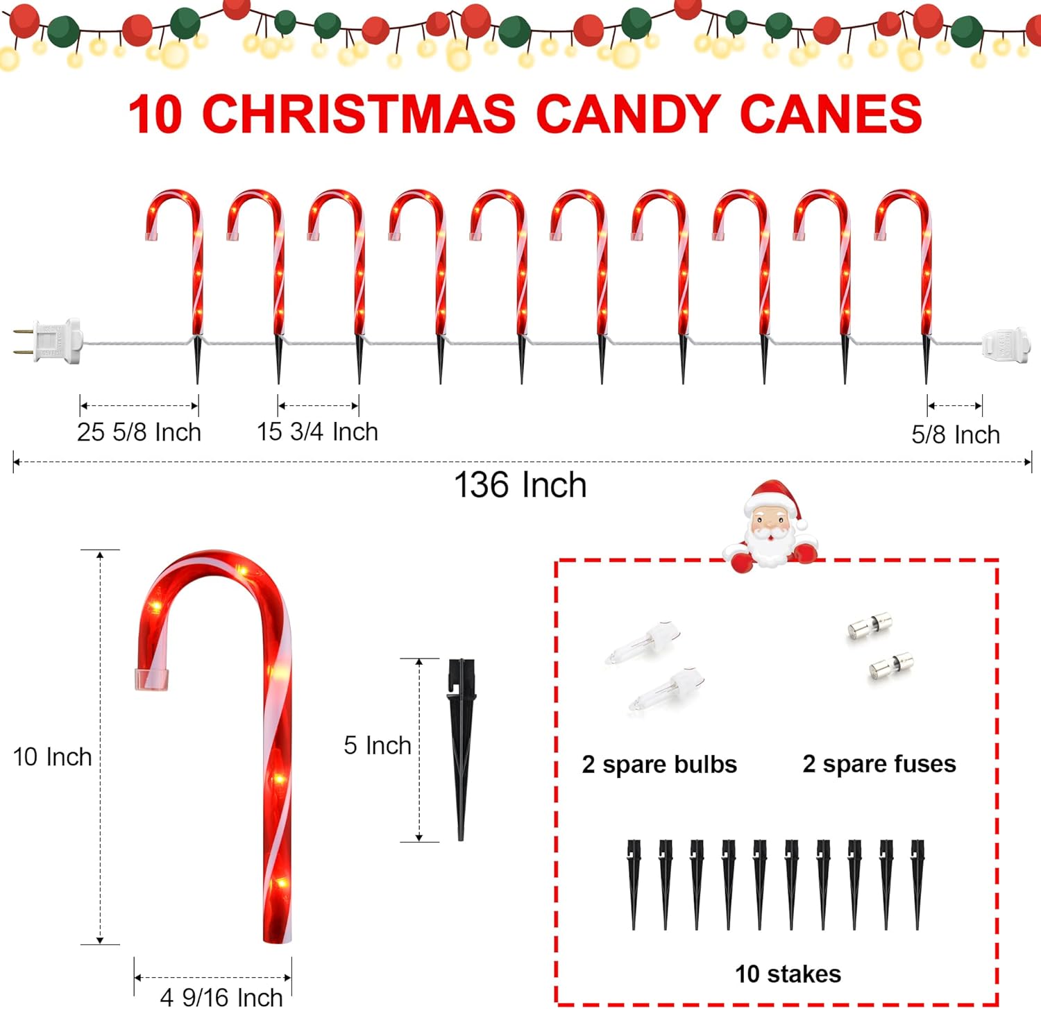 10" Christmas Candy Cane Lights (10PCS) for Landscape Decoration,Red & White Pathway Makers Lights (Include Stakes)