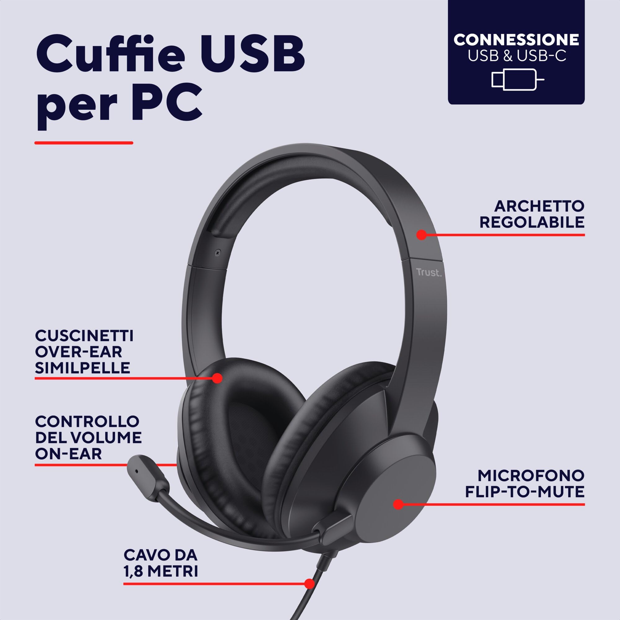 Trust Roha II Max USB Cuffie con Microfono Leggere Over-Ear, Auricolari con Filo 1,80 m, 85% Plastica Riciclata, Headphones Cablato per PC Portatile Computer Laptop Mac Ufficio Teams Zoom, Nero