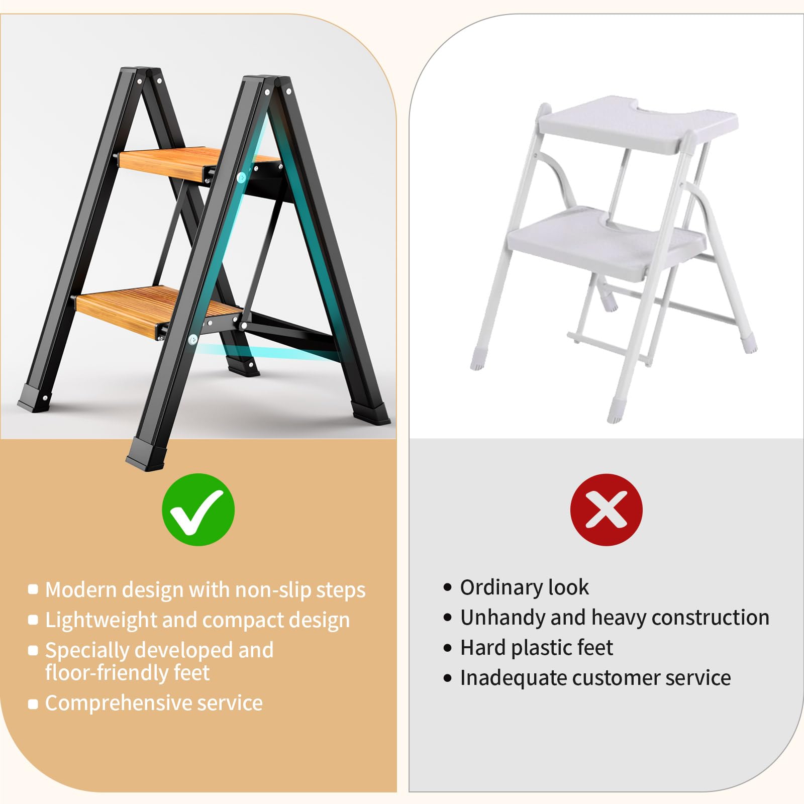 FANTASK Trapladder, 2 treden staande ladder, aluminium vouwladder tot 150 kg, inklapbaar & antislip, ladder, opstapkruk, huishoudladder, voor thuis, kantoor, garage, zilver, 44 x 49 x 66 cm