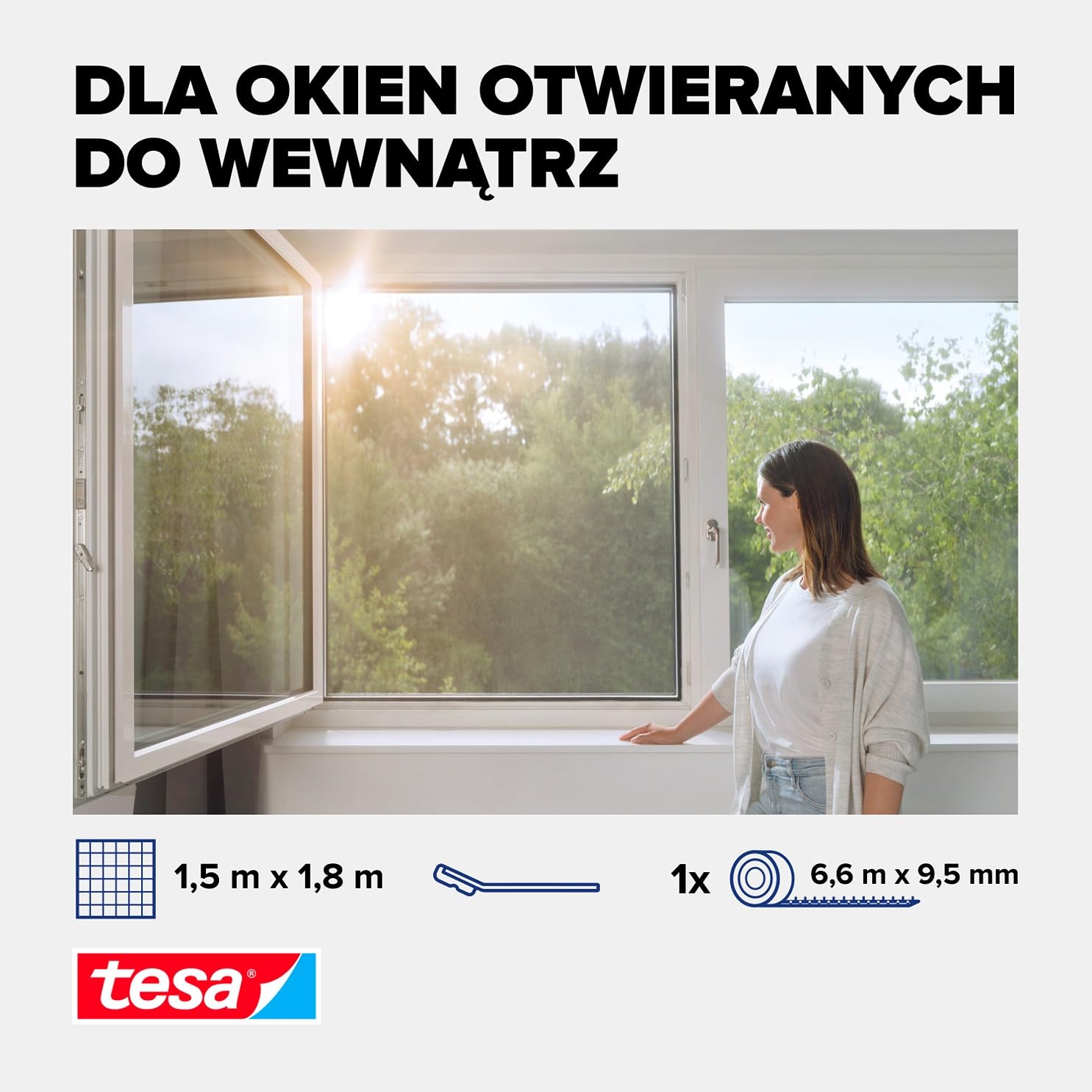 tesa INSECT STOP 2-in-1 Pollen and Fly Screen Premium - przycinany na wymiar, przezroczysta ochrona przed pyłkami, taśma samoprzylepna, antracyt - 150 x 180 cm