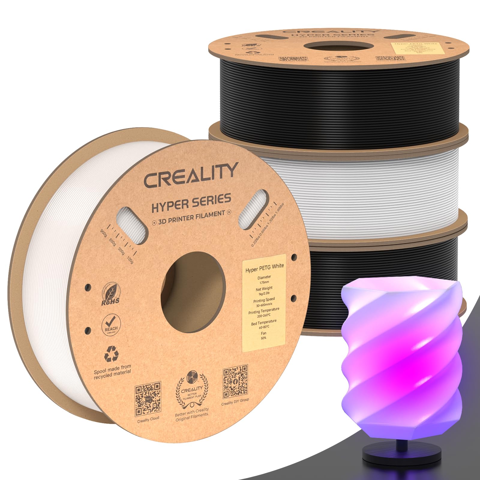 Creality Hyper PETG Filament for K1/K1 Max/K1C, High Speed 30-600mm/s 3D Printer Filament PETG, No Stringing Good Layer Adhesion Fit Various 3D Printers 4KG