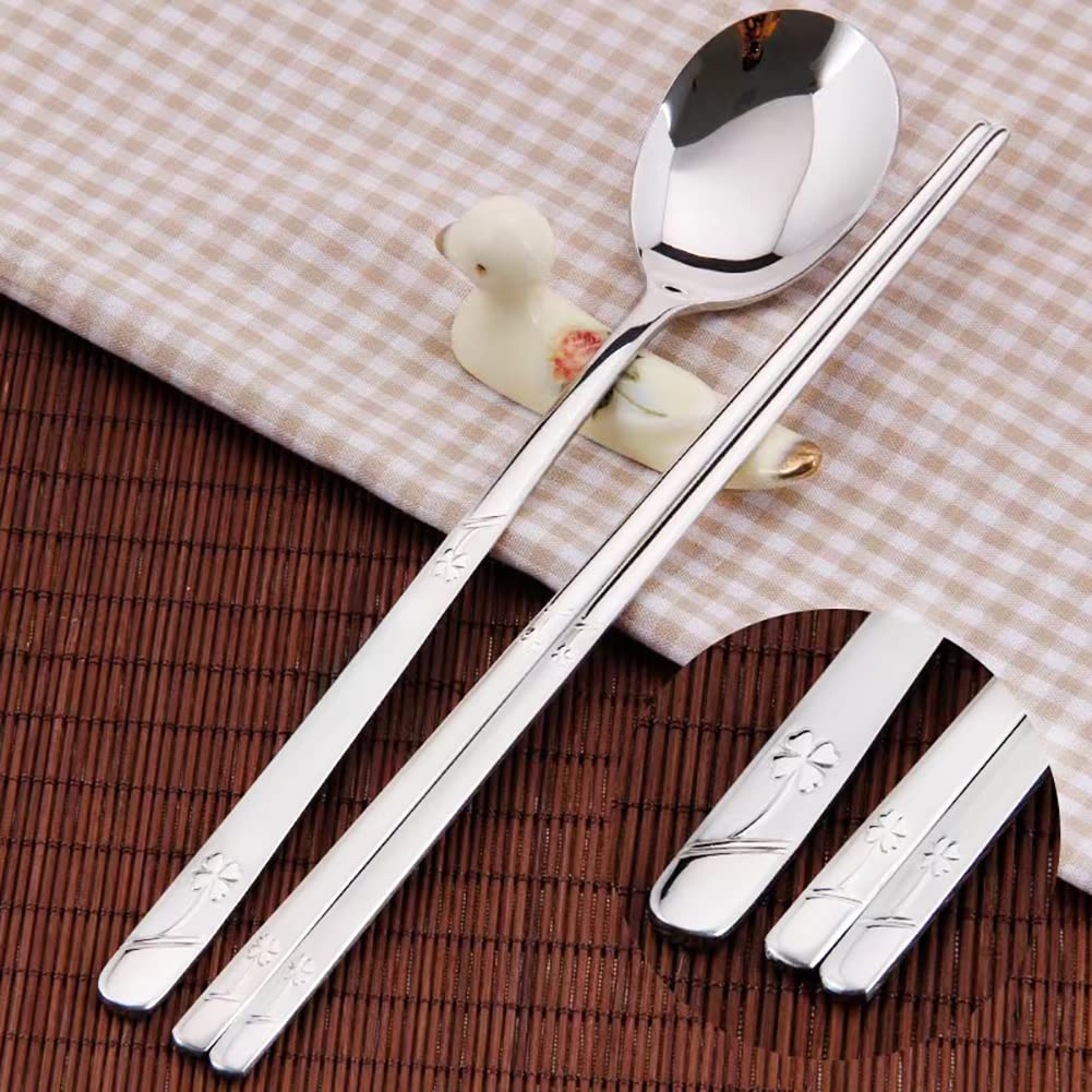Koreanische Essstäbchen & Löffel Set – Edelstahl, 3 Farben – Lang & Flach