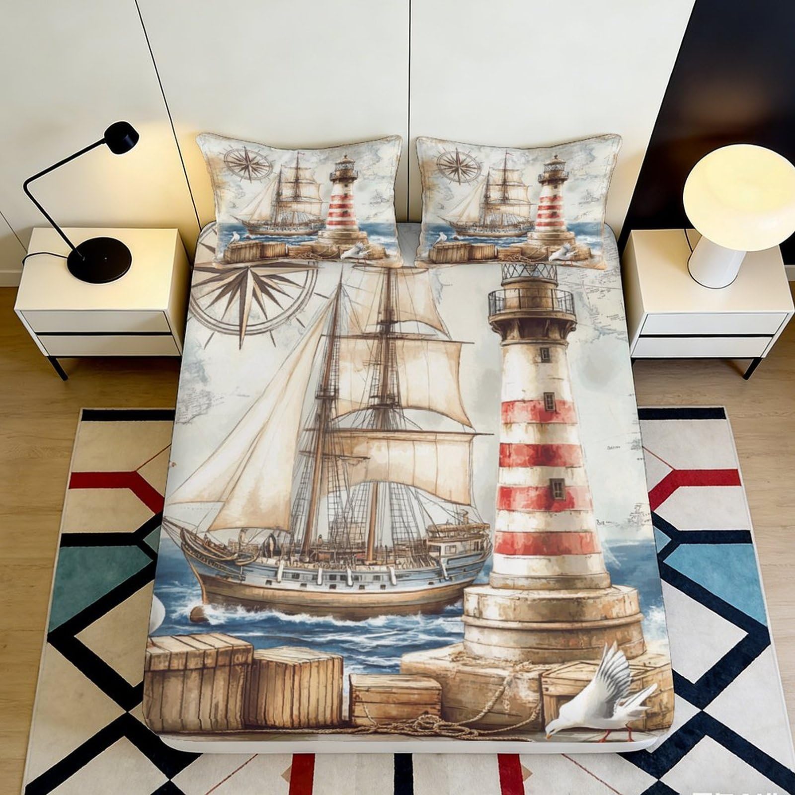 3D Printed Nautical Lighthouse Fitted Sheet Microfiber Deep Pocket Bedding Nautical Mattress Fitted Cover Non-Slip Elastic Hem 200x200x25cm