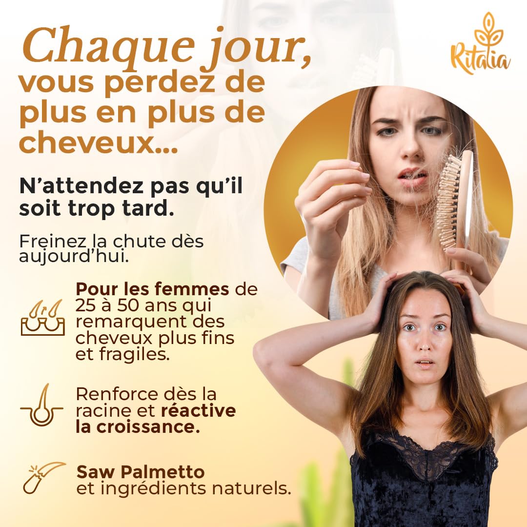 Ritalia | Spray pousse cheveux, lotion 100ml, beige | Saw Palmetto, caféine, kératine, 97% naturel | Renforce, épaissit, favorise la croissance cheveux femme homme