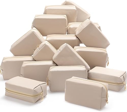 Miniatura 20 de Kigeli 15 bolsas de maquillaje estéticas de piel sintética, bolsas para cosméticos, impermeables, lisas, bolsas de maquillaje a granel para mujeres,