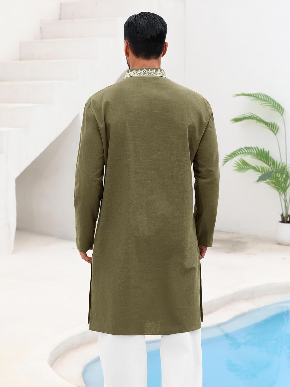 Runcati Mens Kaftan Thobe Cotton Henley Shirt Long Sleeve Embroidery Robe Casual Kurta Muslim Gown Shirt - Image 3