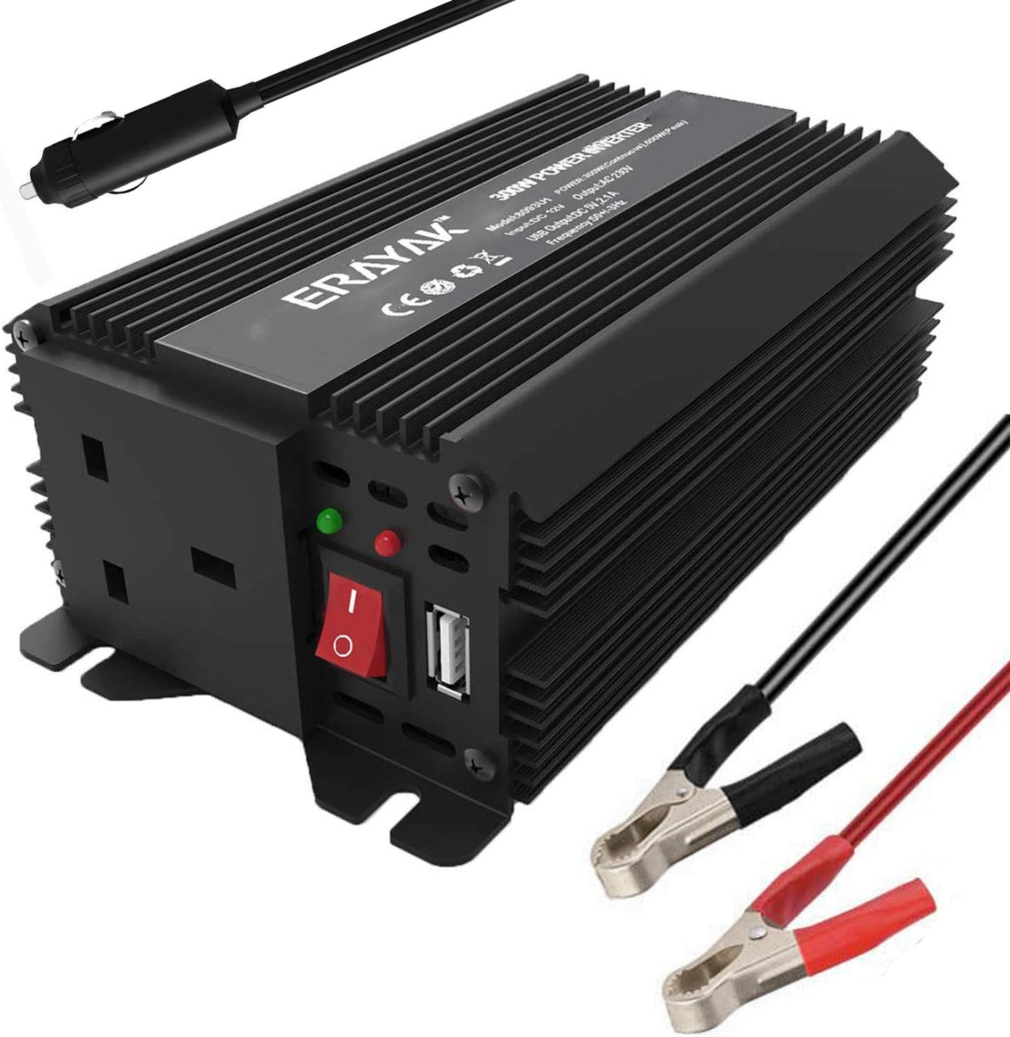 ERAYAK Power Inverter 300W, converter, DC 12V to 230V AC, with AC Outlet and USB Port, TUV Approved