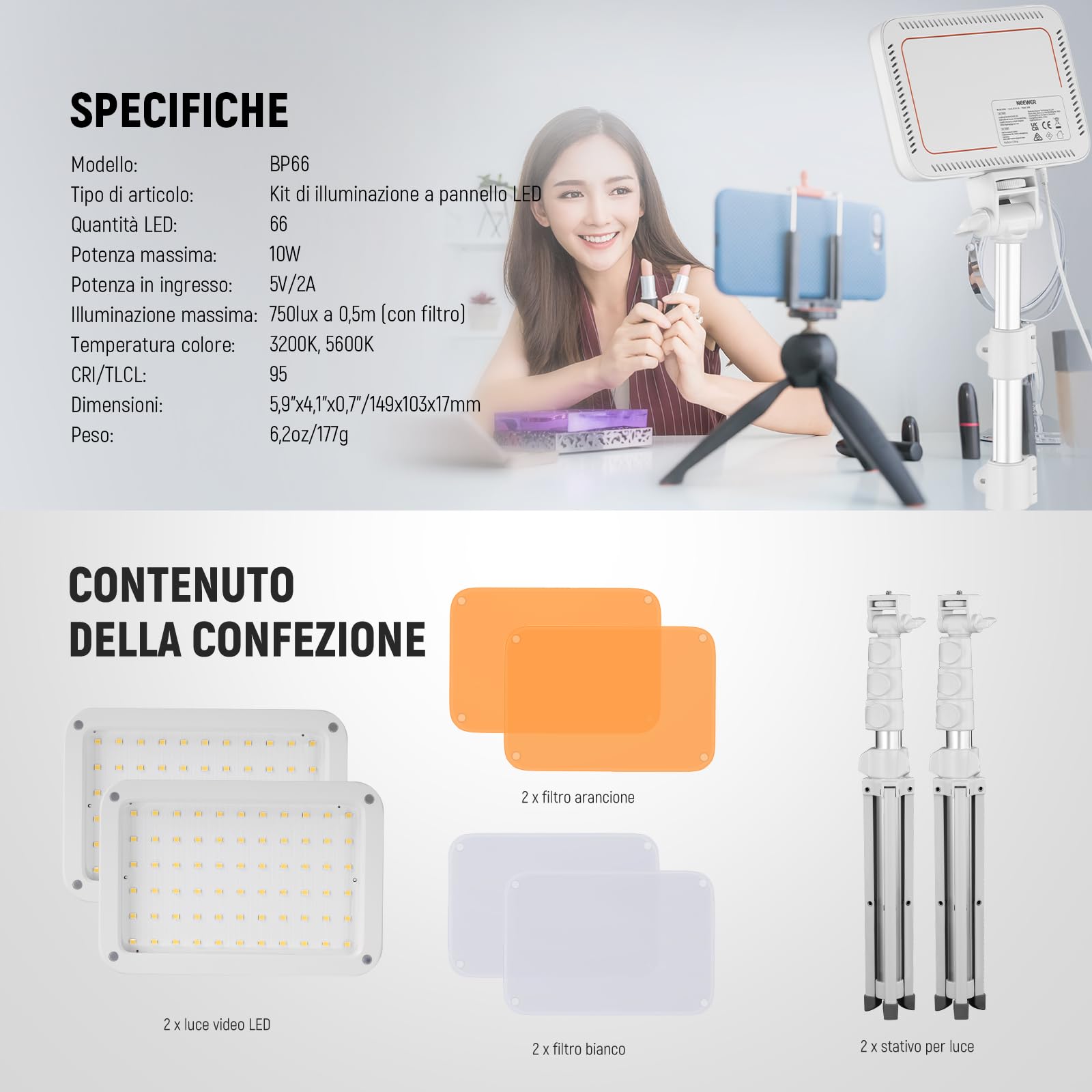 NEEWER BASICS Kit Luce Video a Pannello LED, 2pz Luci Fotografiche da Studio Portatile Dimmerabile Bicolore con Stativo e Filtro, 3200K-5600K CRI 95 750lux per Foto Video Streaming Live, Bianco, BP66