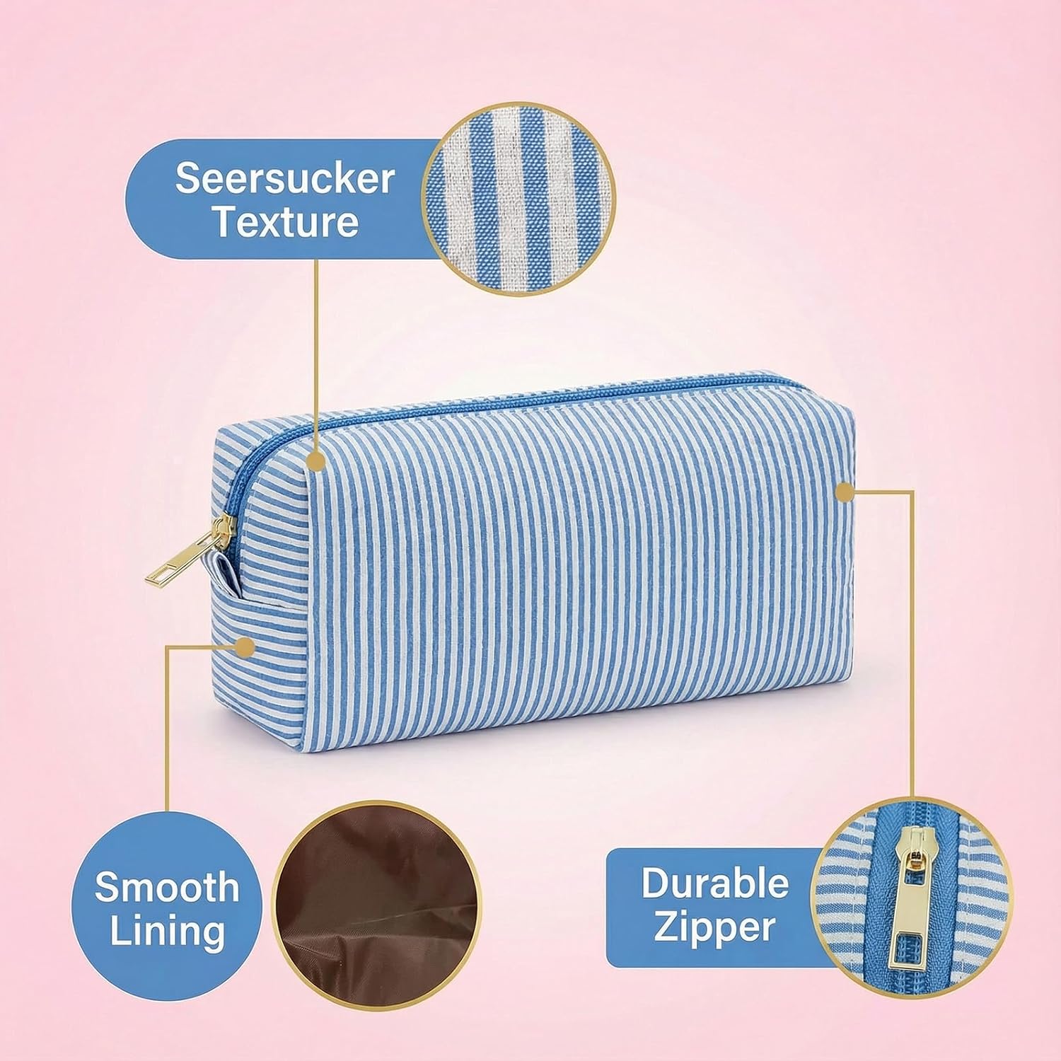 24 PACK Makeup Bags Bulk-Seersucker Valentines Day Gifts/Bulk Cosmetic Bags/Large Bridesmaid Proposal Gifts/Makeup Pouch for Wedding Party Favors/Teacher/Mon Gifts/Toiletry Travel Bags (24, Blue) - Image 3