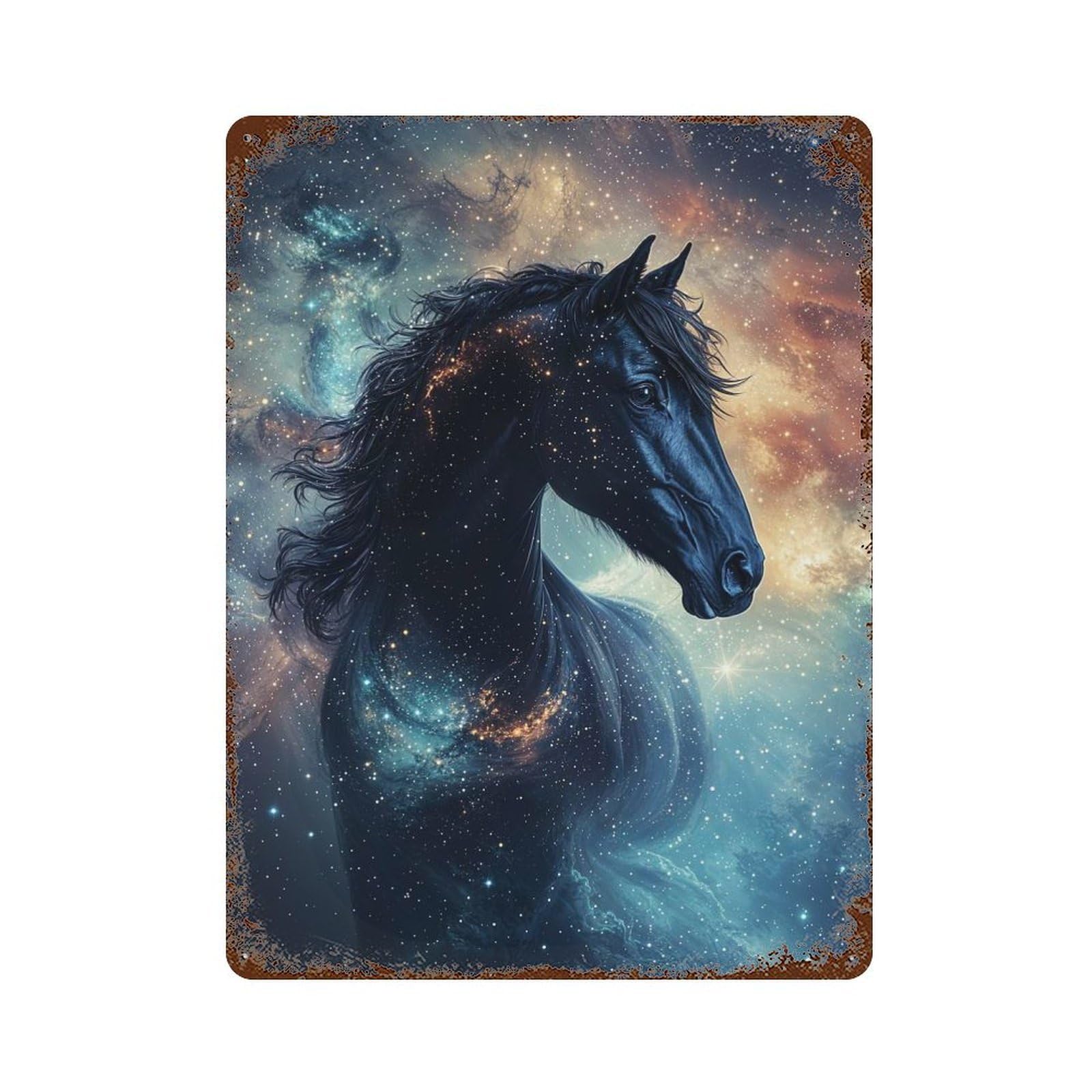 Aged Metal Wall Plaque with Cosmic Horse Design 15.7"x11.8", for Basement, Hobby Room And Garage Decor, Classic Wall Plaque