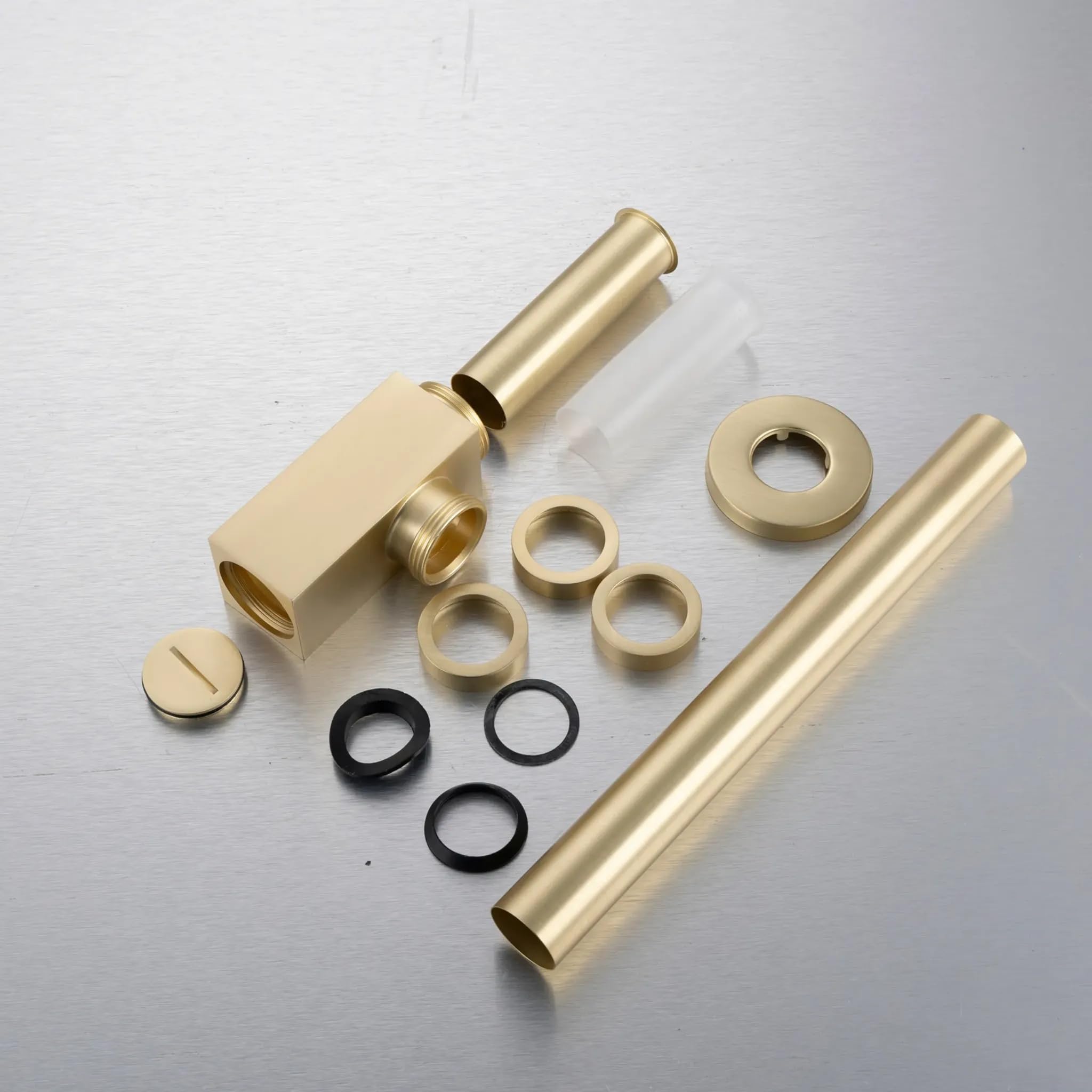 Sifón de Lavabo Universal - Válvula de Desagüe para Lavabo de Latón G1 1/4 x 32 mm - Sifón Tubular para Baño - Tubo de Desagüe para Lavabo de Baño, Cuadrado Oro Cepillado