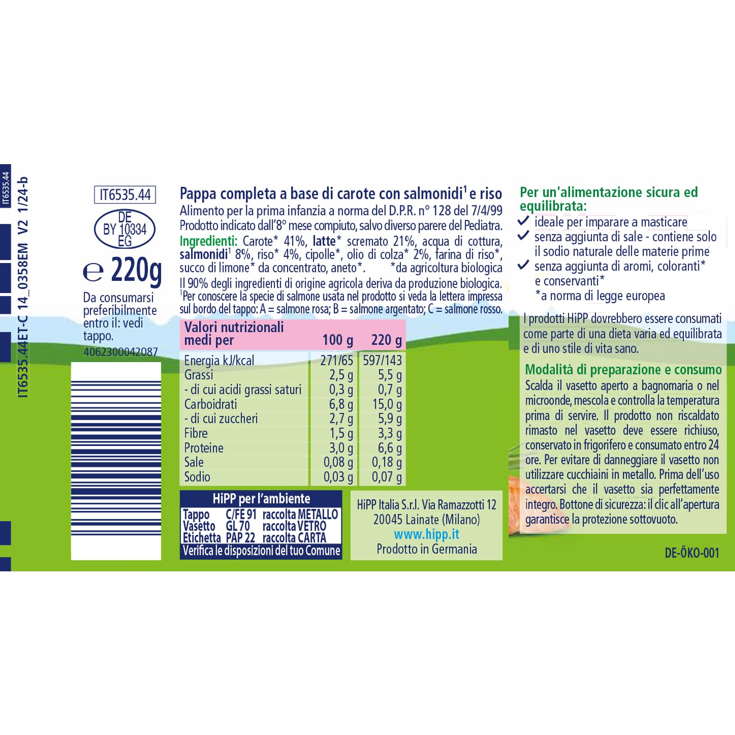 HiPP - Pappa Pronta Completa Bio, Riso con Carote e Salmone, 6 Confezioni da 220 g