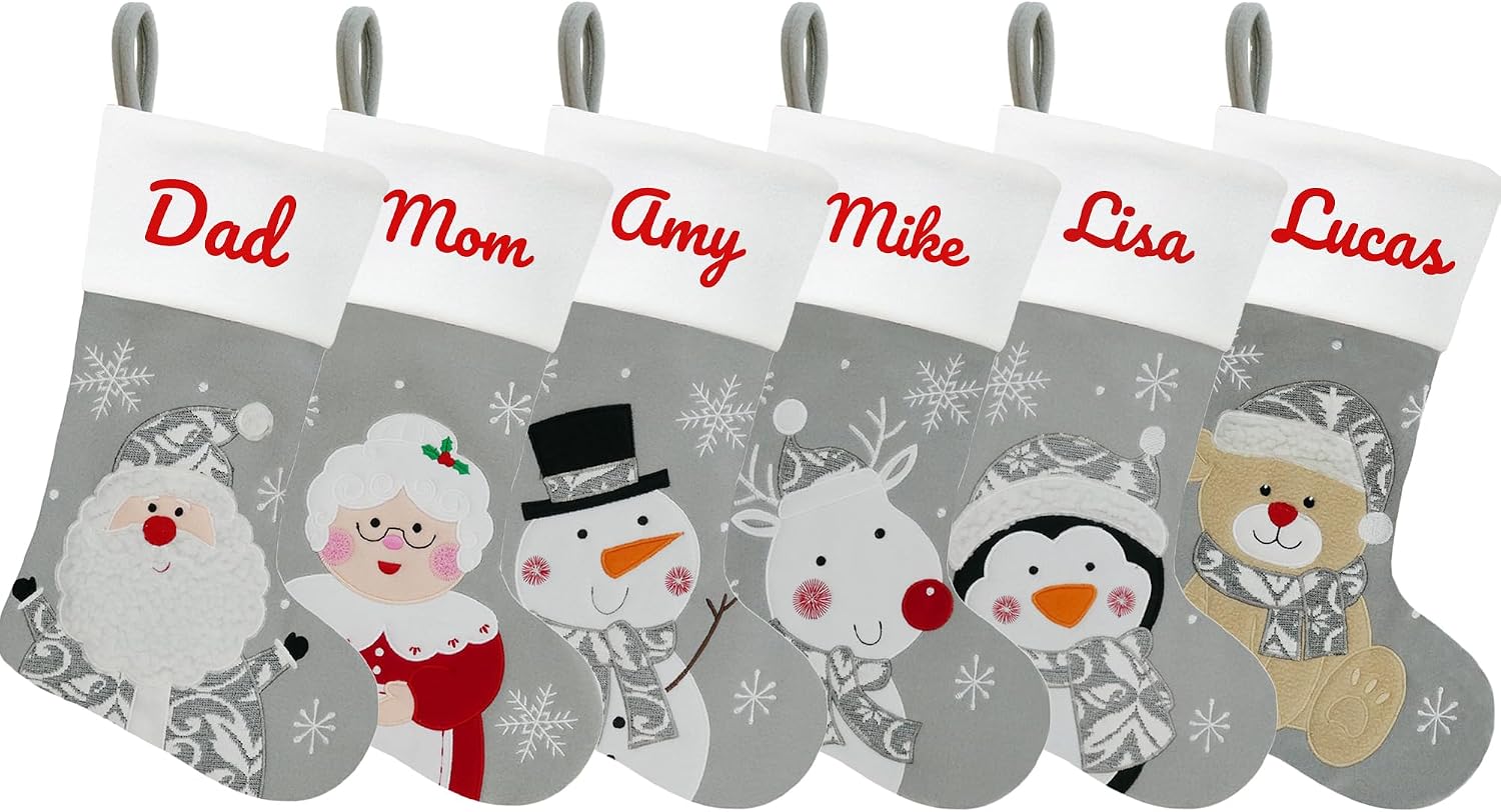 Set of 6, 18" Dia Personalized Light Gray Christmas Stockings with Embroidery Names, with Holders,Quality Thick Fleece Material Stockings for Family Décor(Set of 6-A)