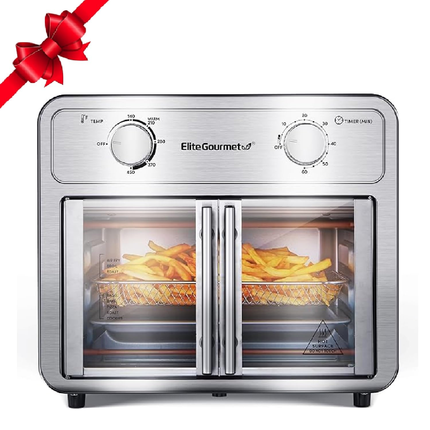 Elite Gourmet EAF1222SS Air Fryer Oven Double French Doors, Bake, Grill, Roast, Broil, Rotisserie, Toast, Warm, Air Fry, Dehydrate, 1500 Watts, with 25 Recipes, 12L. Capacity, Stainless Steel
