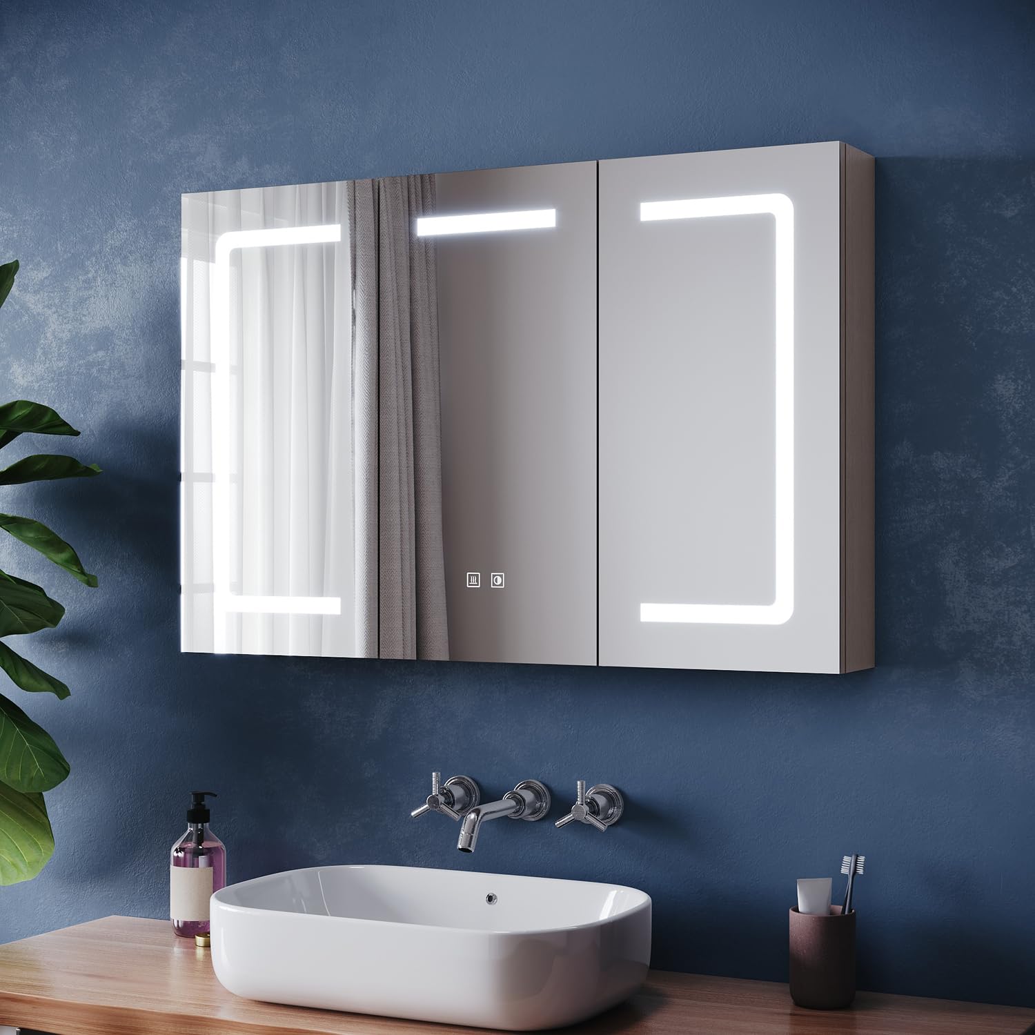 ZANOFIRA 3 Door Illuminated Bathroom Mirror Cabinet, Fully Assembled Large Wall Mounted Cabinet Storage with Shaver Socket, 3 Colors Dimmable, Defogger and Touch Switch, 900x600mm, Beige