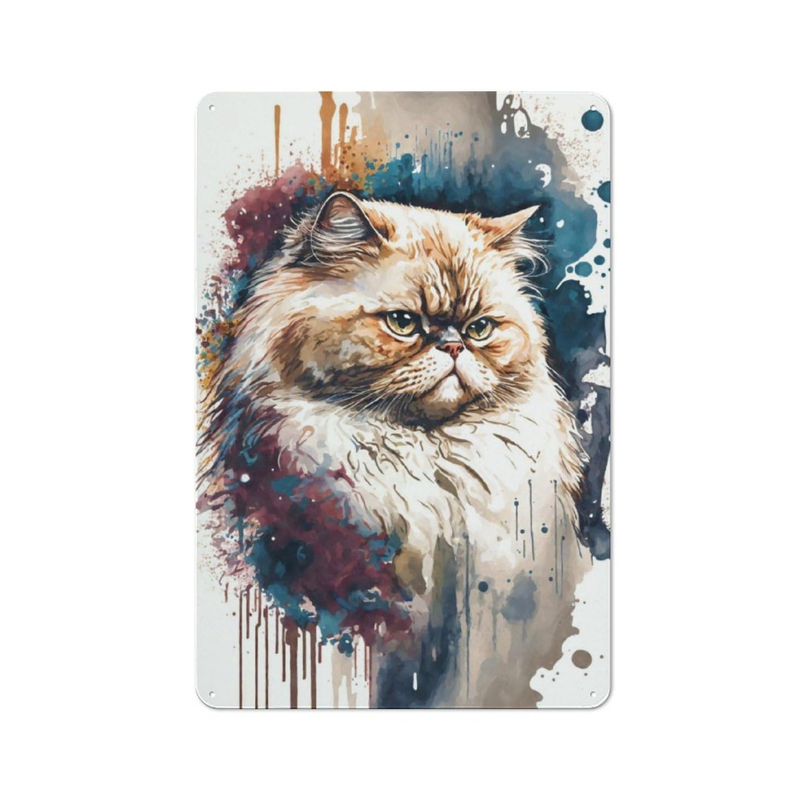 Junmoney Persian Cat Watercolor Rustic Tin Sign 30X20cm For Living Room Or Hallway, A Metal Wall Feature For Living Rooms And Hallways