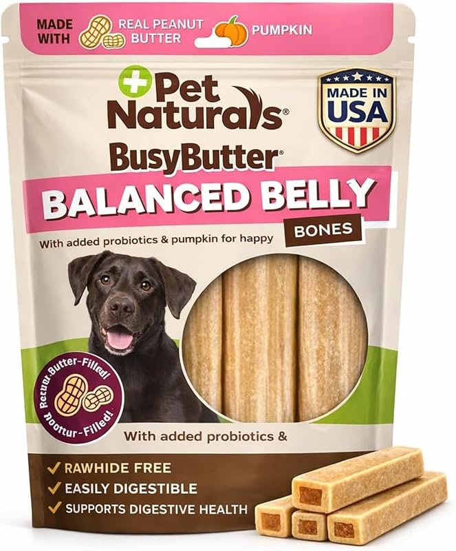Ossos mastigáveis para cães com pasta de amendoim BusyButter Balanced Belly Pet Naturals, Médio/Grande, pacote com 4