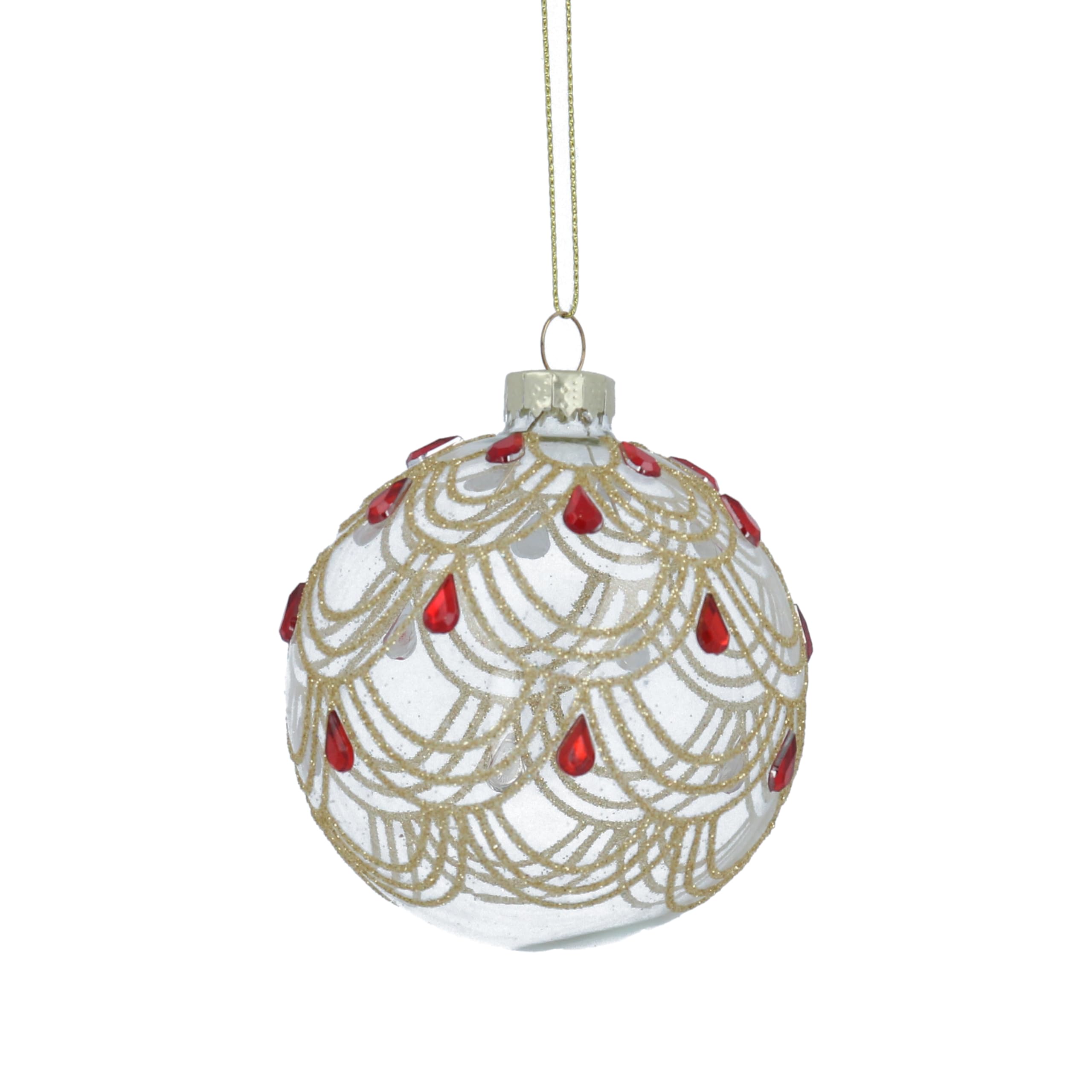 Gisela Graham Clear Glass Bauble with Gold Swags and Red Diamante for Christmas