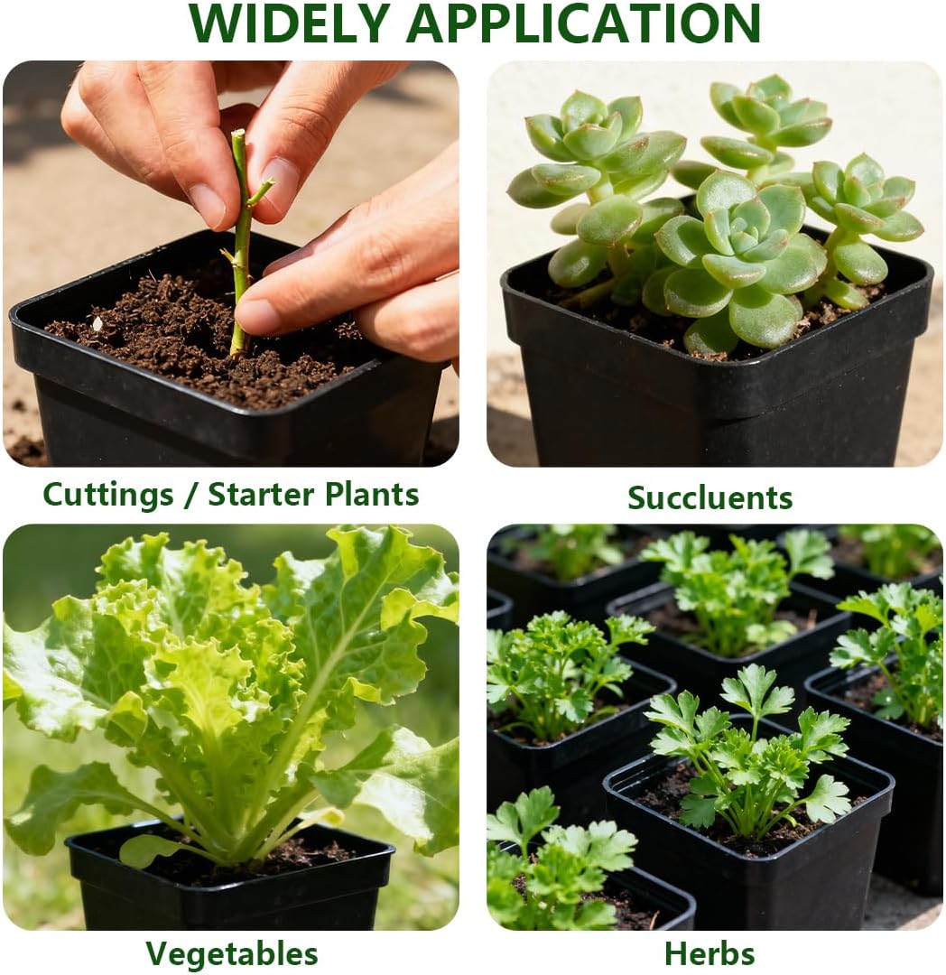 BTPLASTIK Square Nursery Pots 2.7 Inch 180 Pcs, Plastic Small Flower Pots with Drainage Holes, Sturdy Seedling pots for Planting, Cuttings (Black)