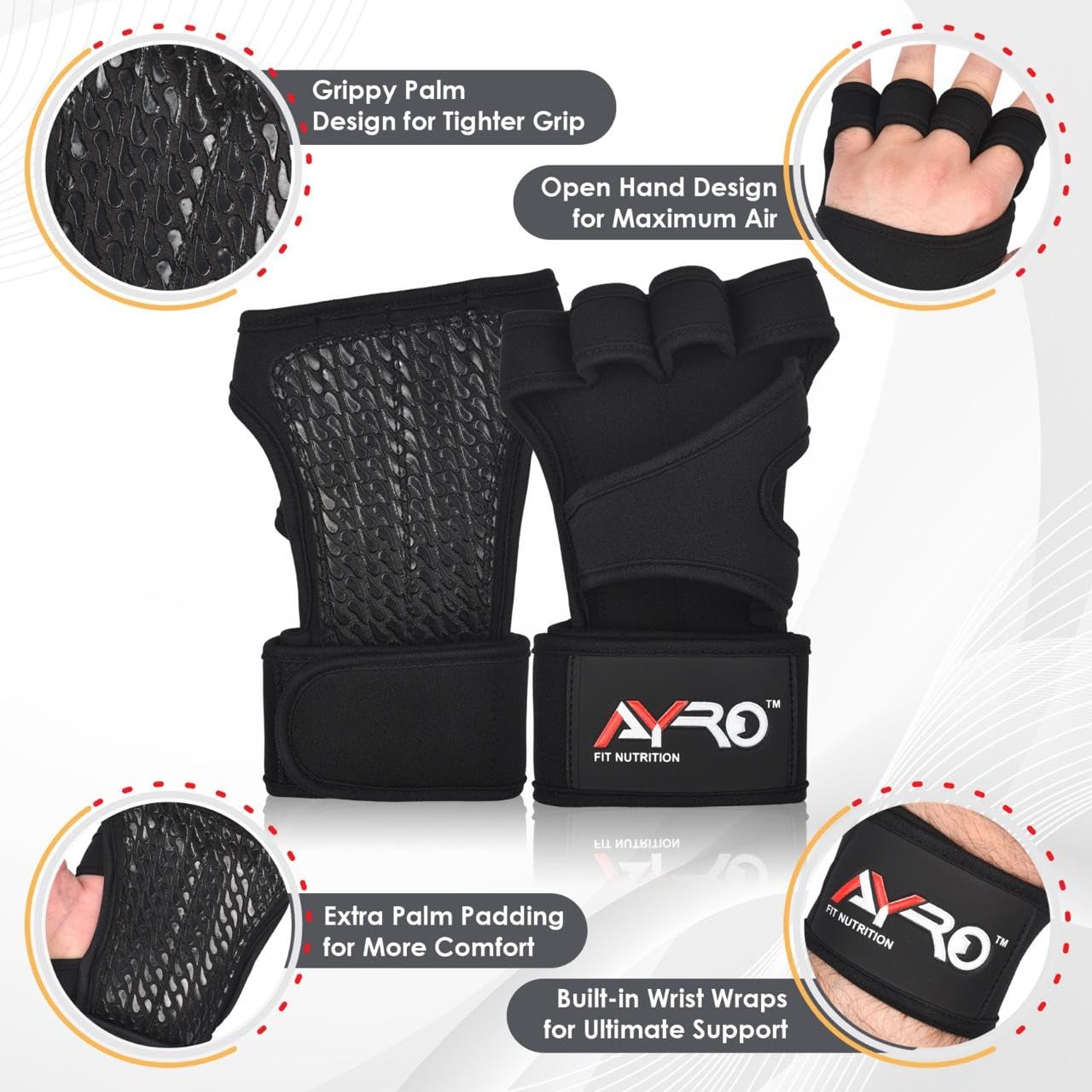 AYRO Trainingshandschuhe, belüftete Trainingshandschuhe für Männer und Frauen, Gewichtheber-Handschuhe, Fitnesshandschuhe für Männer, Fitnesshandschuhe mit Handgelenkbandagen