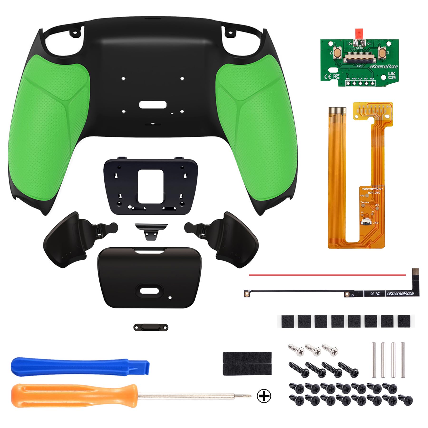 eXtremeRate Kit de reasignación de elevación programable de Agarre de Goma Verde para Controlador de PS5 BDM-030 040 050, Tablero de actualización y Carcasa Trasera Negra rediseñada y Botones