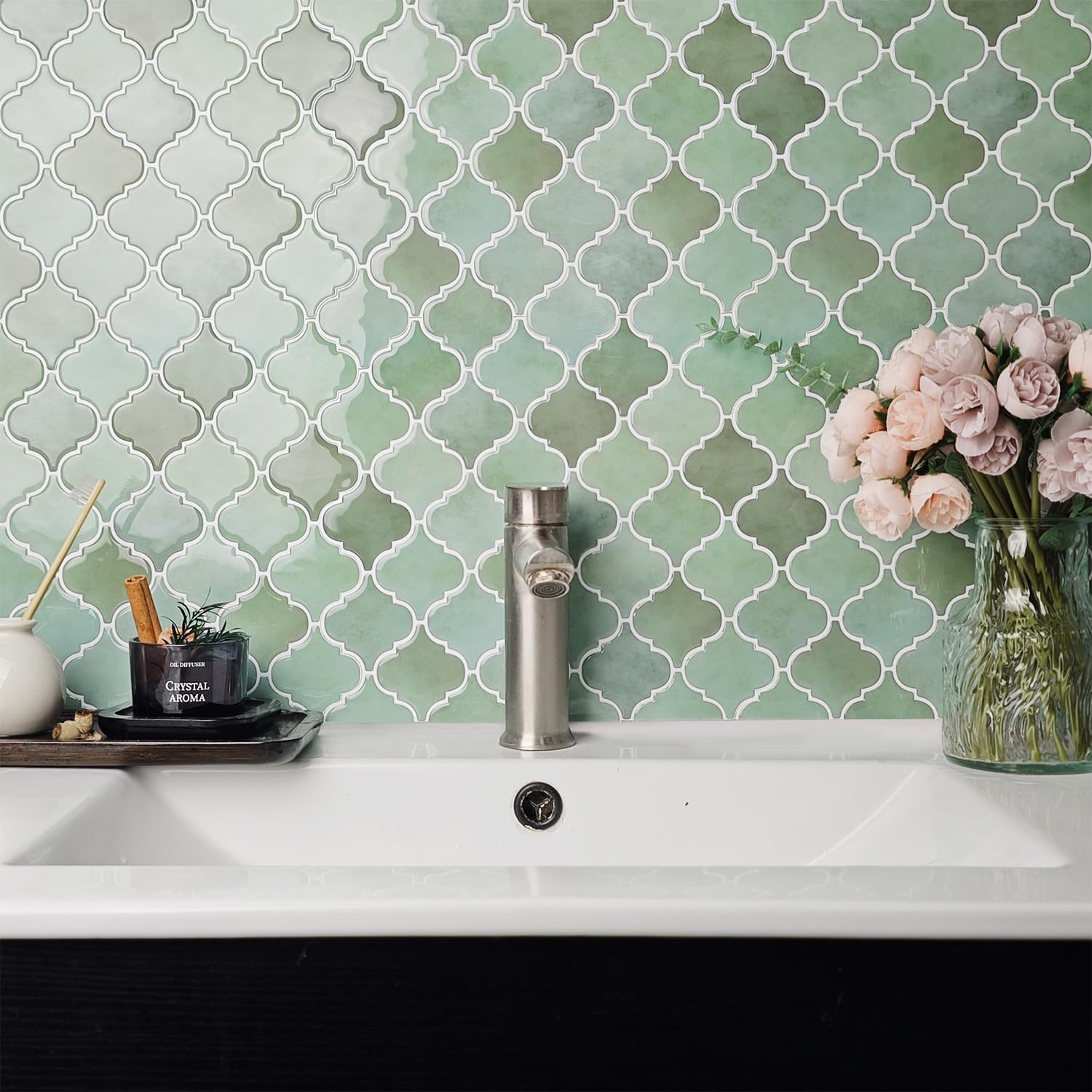 Arabesque Peel and Stick Tile for Kitchen, Thickest Design Wall Tile, 10-Sheet 3D Self Adhesive Wall Tiles Backsplash, Green 12''×12'' Stick on Tiles for Kitchen and Bathroom.