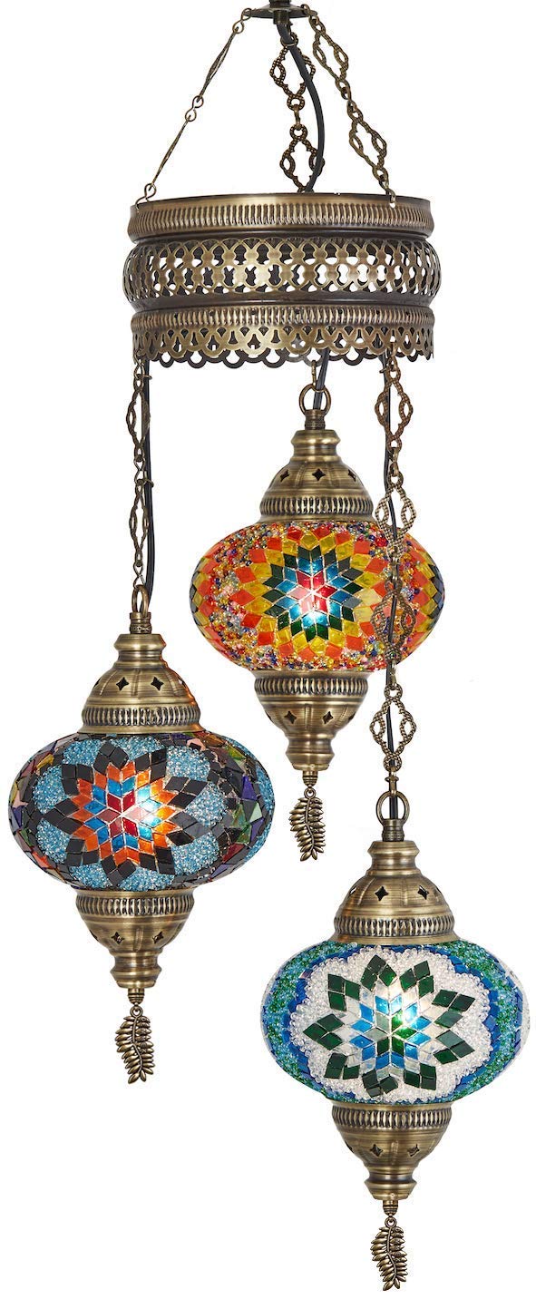 DEMMEX Lámpara de Techo Turca Marroquí de Mosaico, Hardwired, Lámpara Colgante Artesanal con 3 Globos, Vidrio de Mosaico Estilo Boho, Altura 105 cm, Personalizable