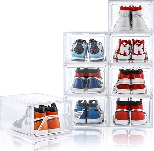 Stebopum Caja de almacenamiento de zapatos paquete de 8 organizadores de zapatos apilables de plástico transparente con puerta frontal magnética