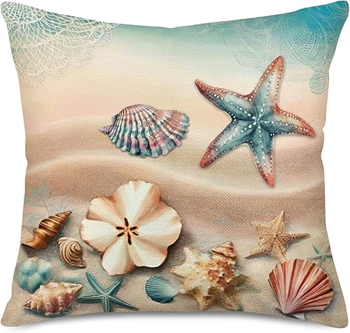 Miniatura 2 de Fukeen Juego de 4 fundas de almohada de playa de verano, diseño de animales marinos, peces y estrellas de mar, cangrejo, funda de cojín de algodón y